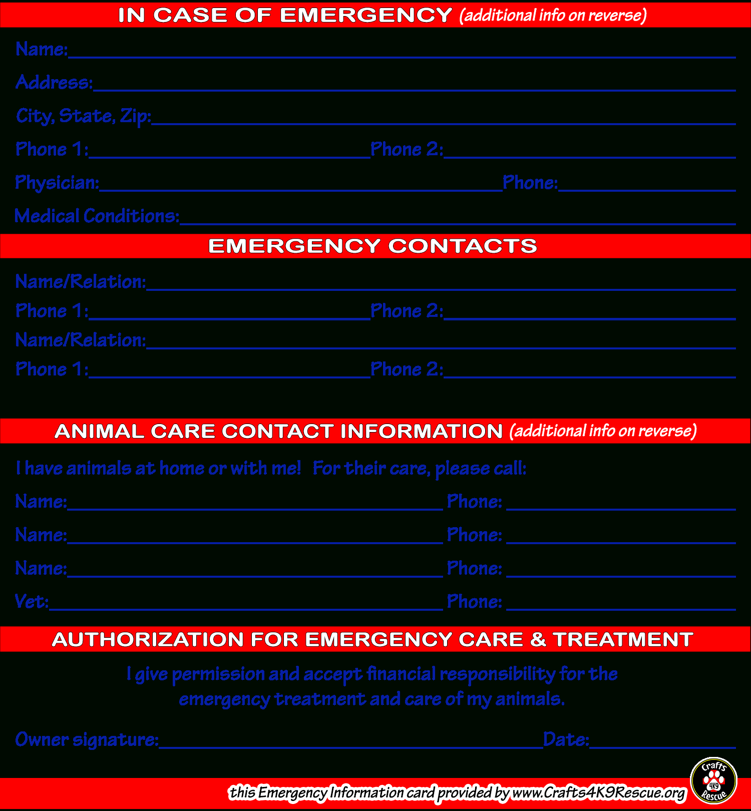 Emergency Information Card Template | Crafts4K9Rescue Within In Case Of Emergency Card Template
