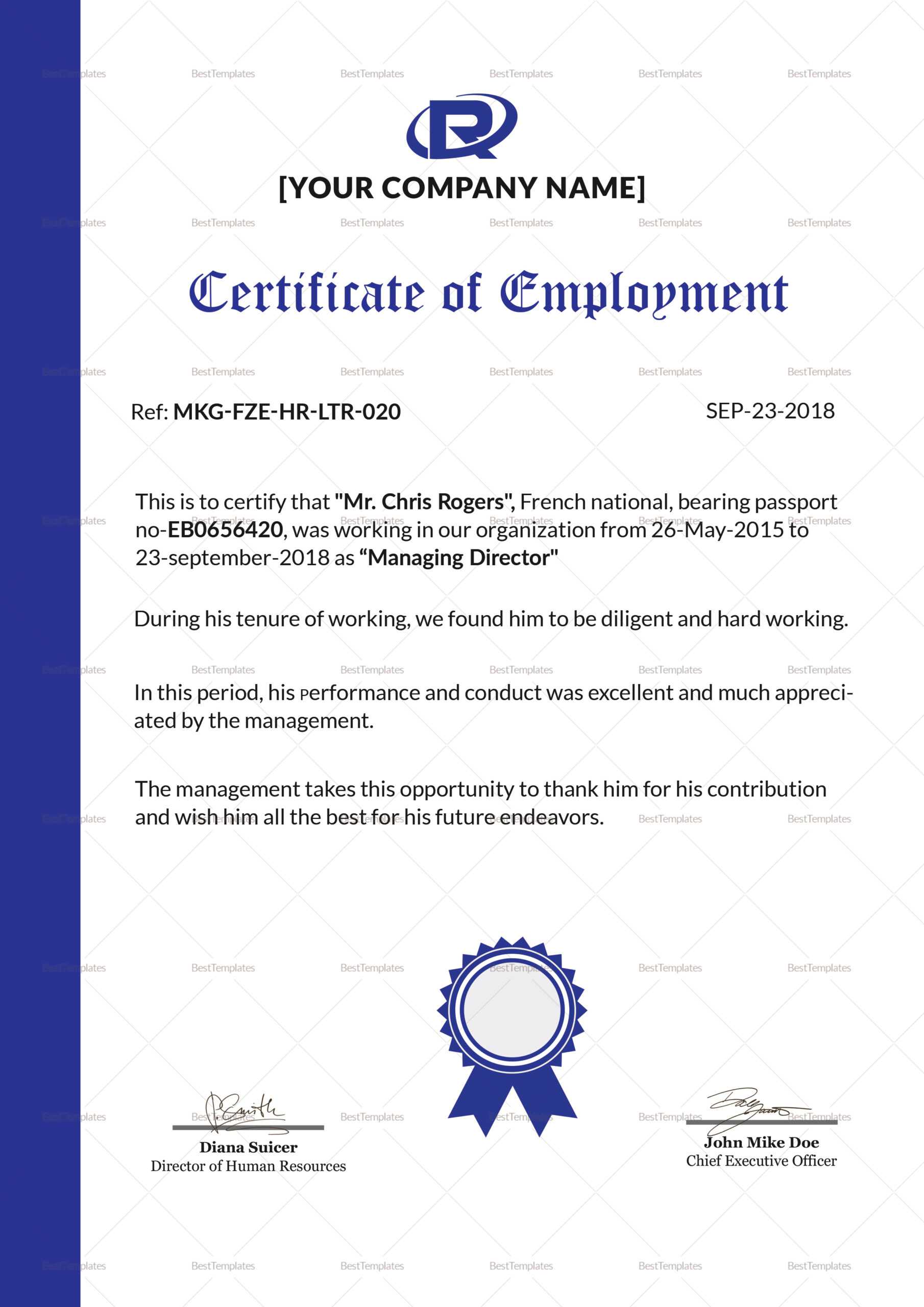 Excellent Employment Certificate Template Intended For Sample Certificate Employment Template