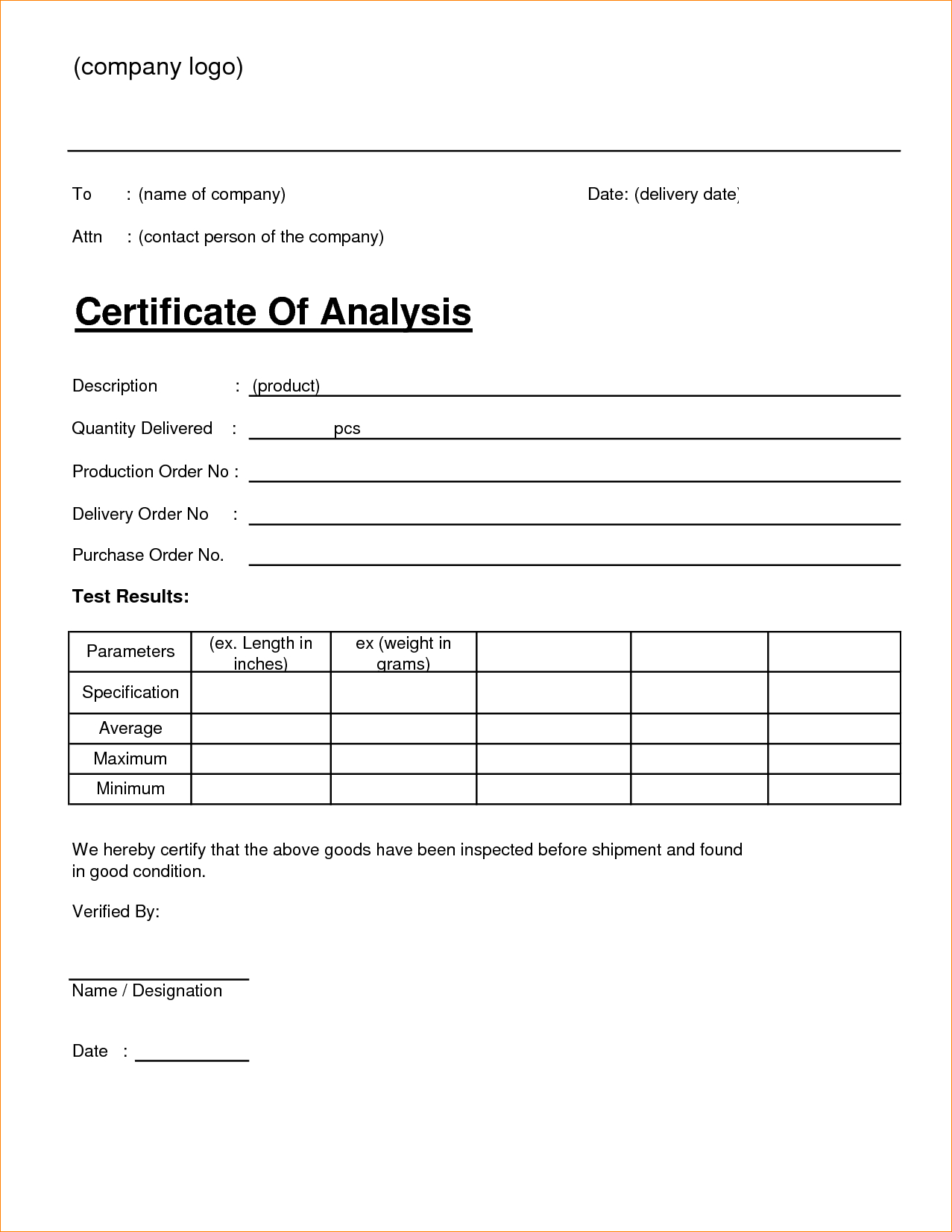 🥰4+ Free Sample Certificate Of Analysis (Coa) Templates🥰 In Certificate Of Analysis Template