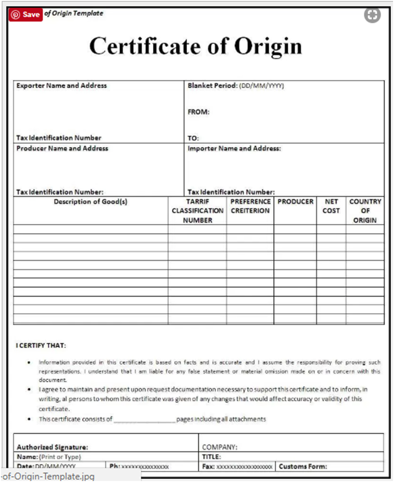 ?free Printable Certificate Of Origin Form Template [Pdf In Certificate Of Origin For A Vehicle Template