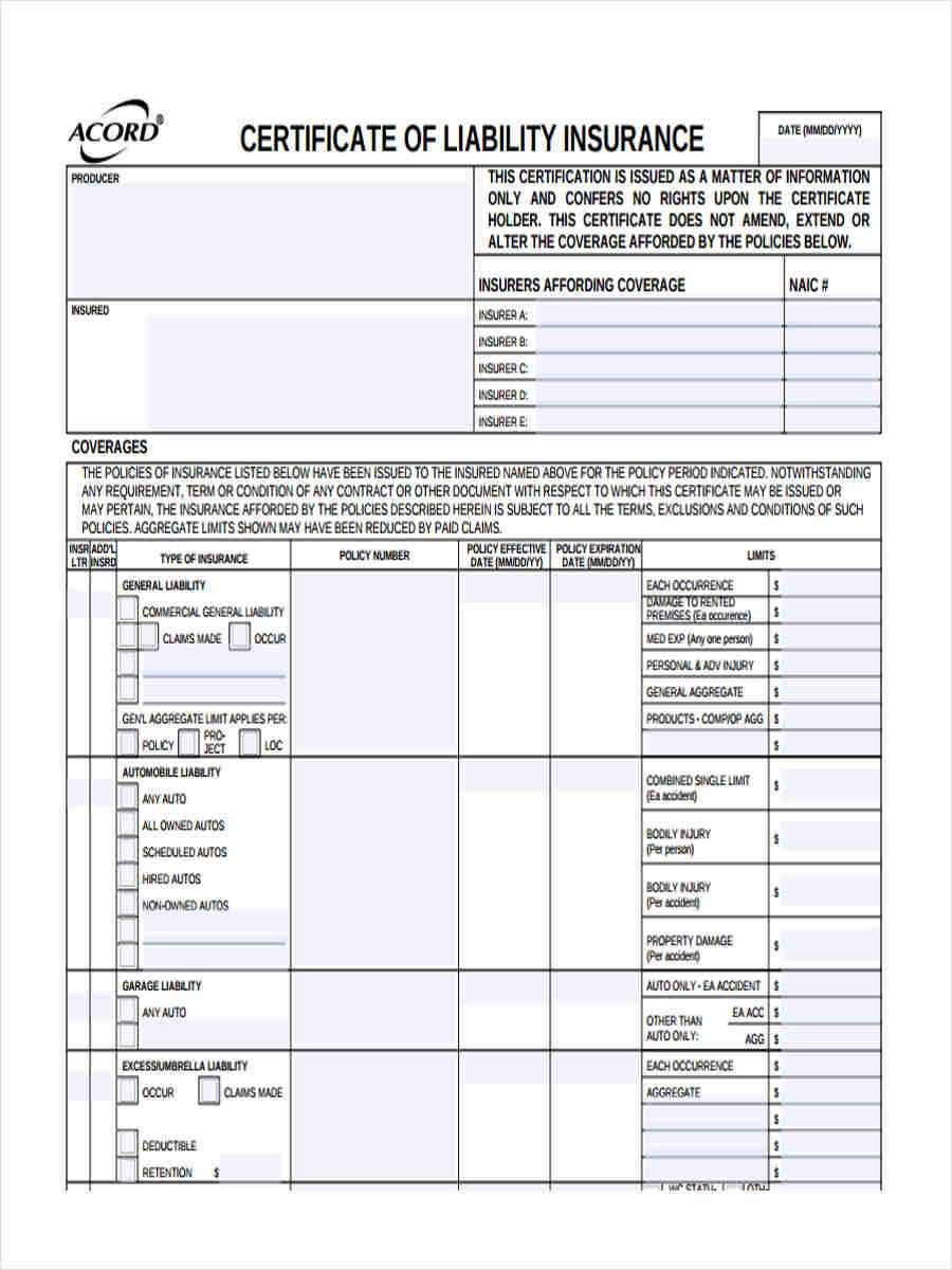 Free 9+ Liability Insurance Forms In Pdf | Ms Word For Certificate Of Liability Insurance Template