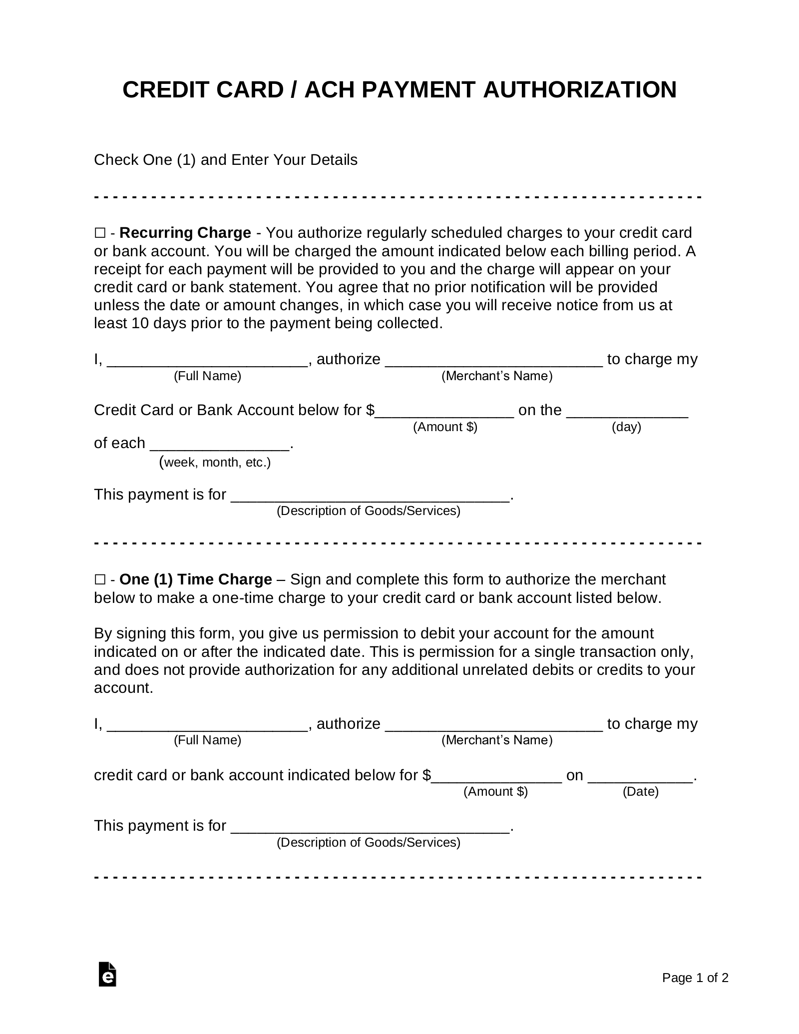 Free Credit Card (Ach) Authorization Forms – Pdf | Word For Authorization To Charge Credit Card Template