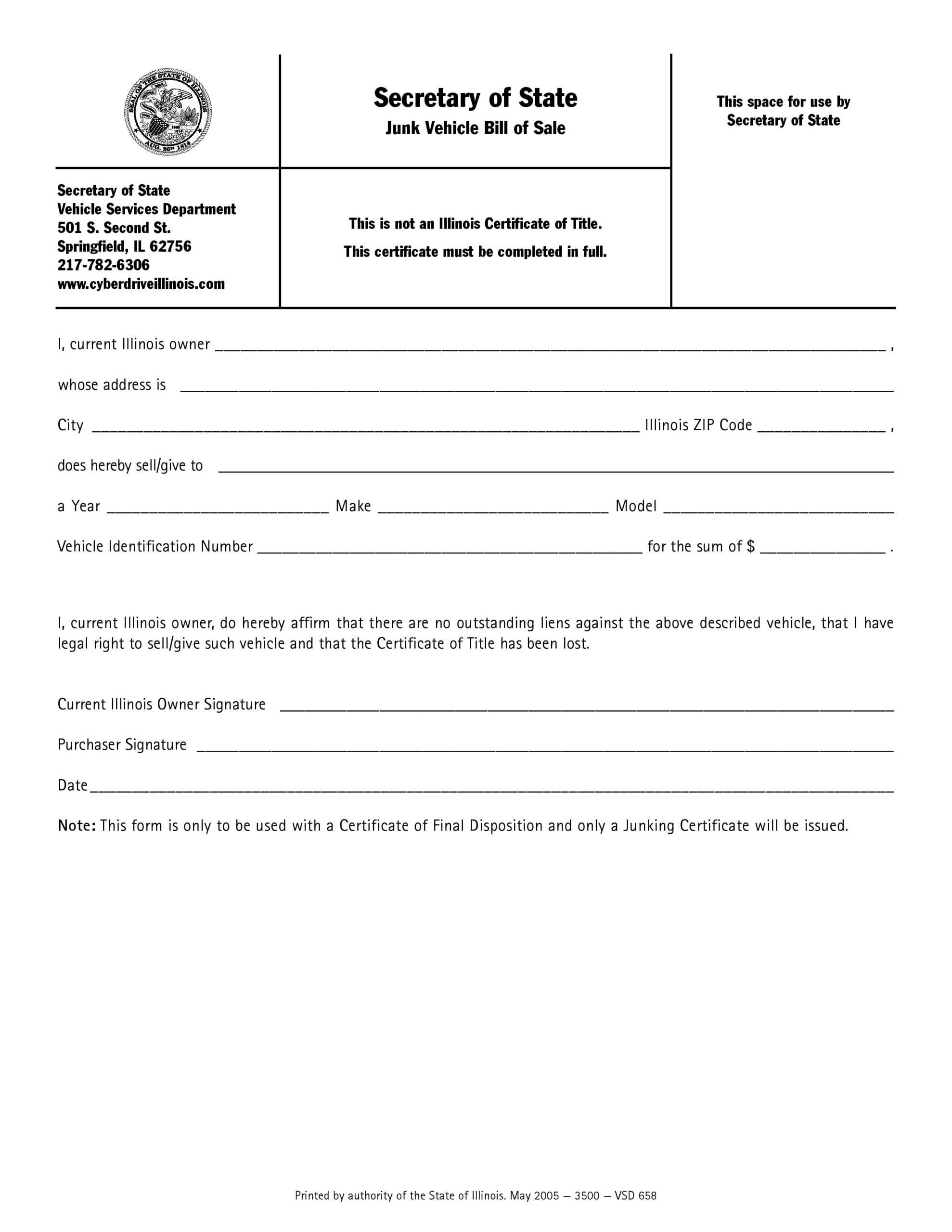 Free Illinois Junk Vehicle Bill Of Sale Form | Pdf | Word In Certificate Of Disposal Template