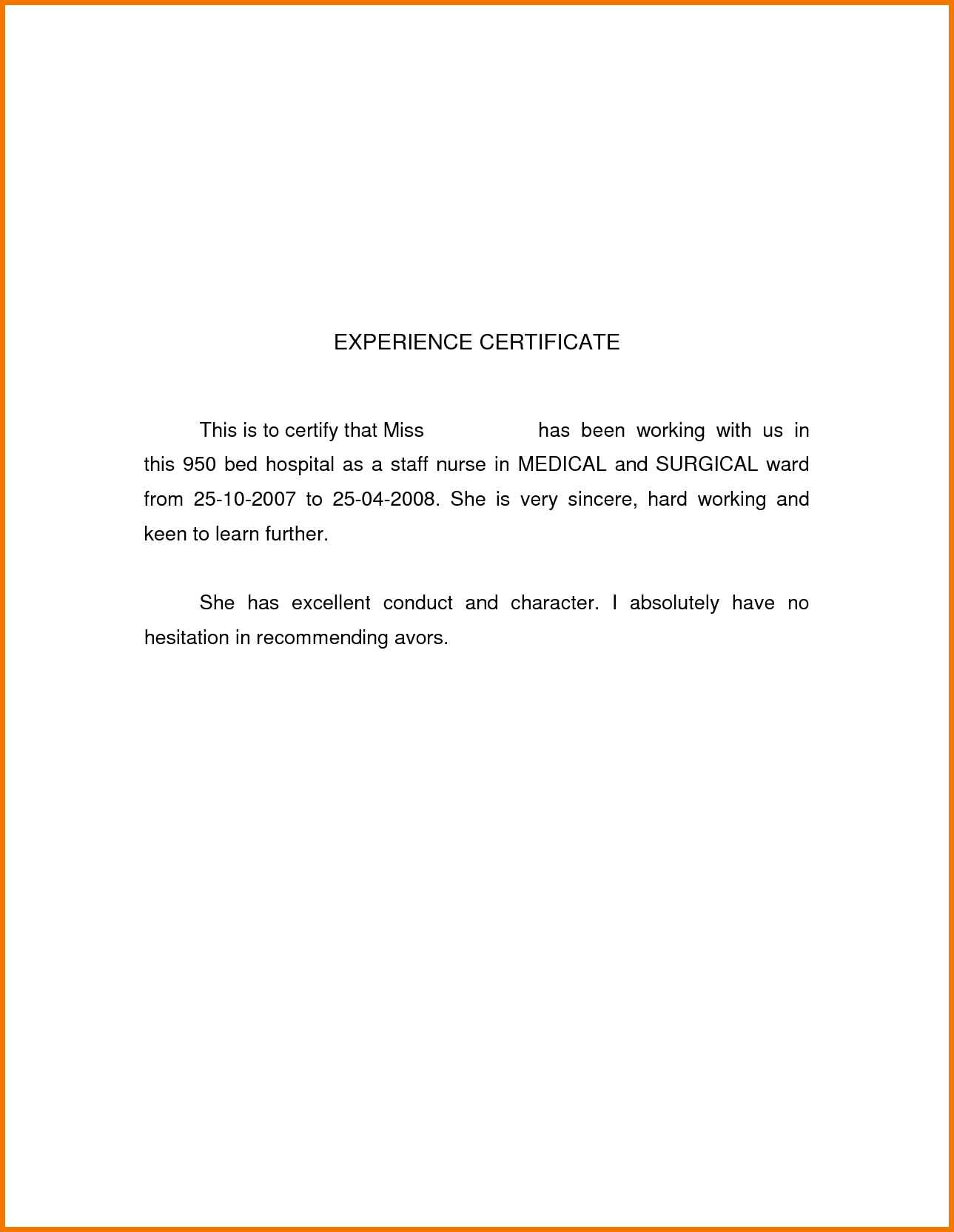 Free Sample Work Experience Letter For Admission : V M D Pertaining To Template Of Experience Certificate