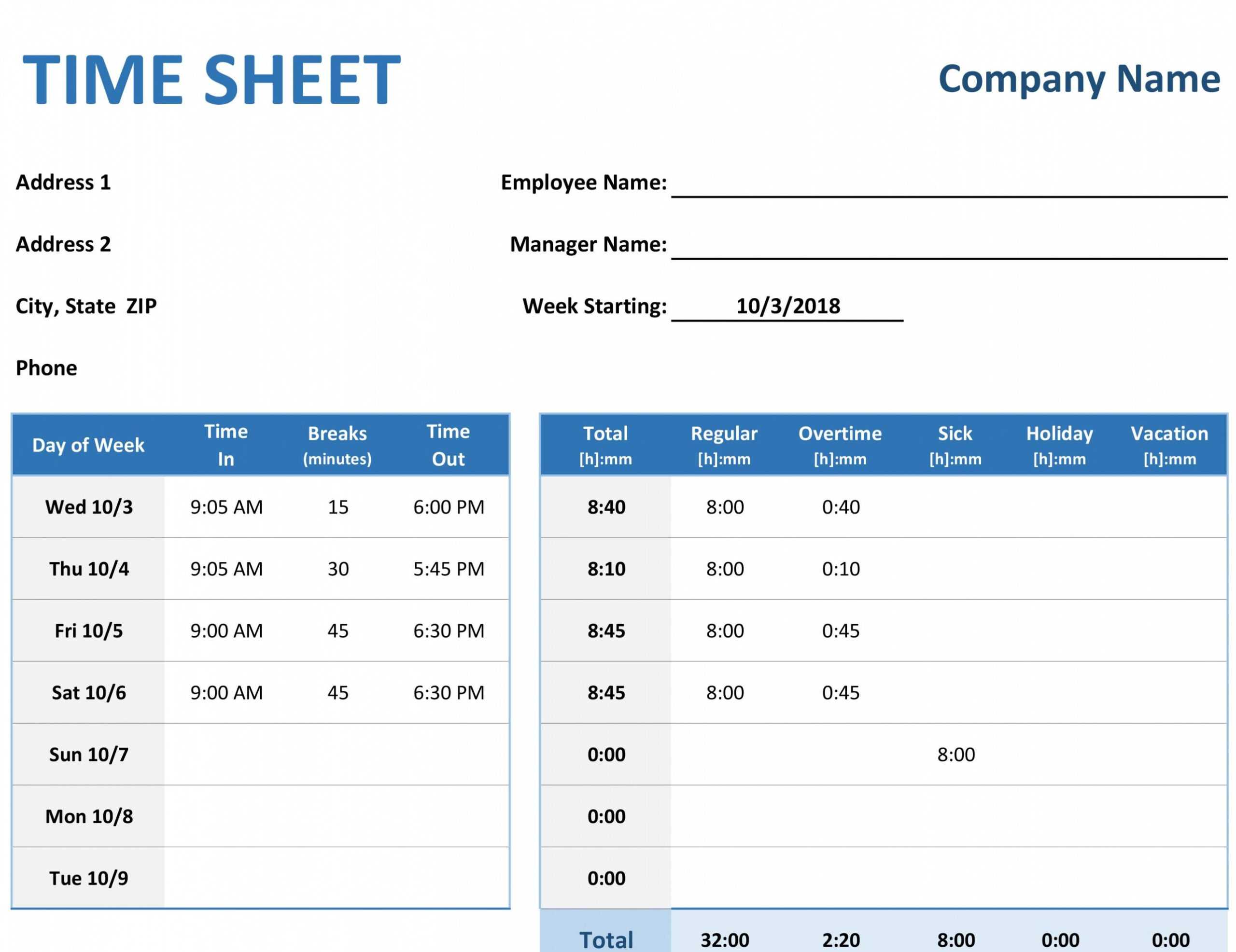 Free Weekly Time Sheet With Tasks And Overtime Overtime Intended For Weekly Time Card Template Free