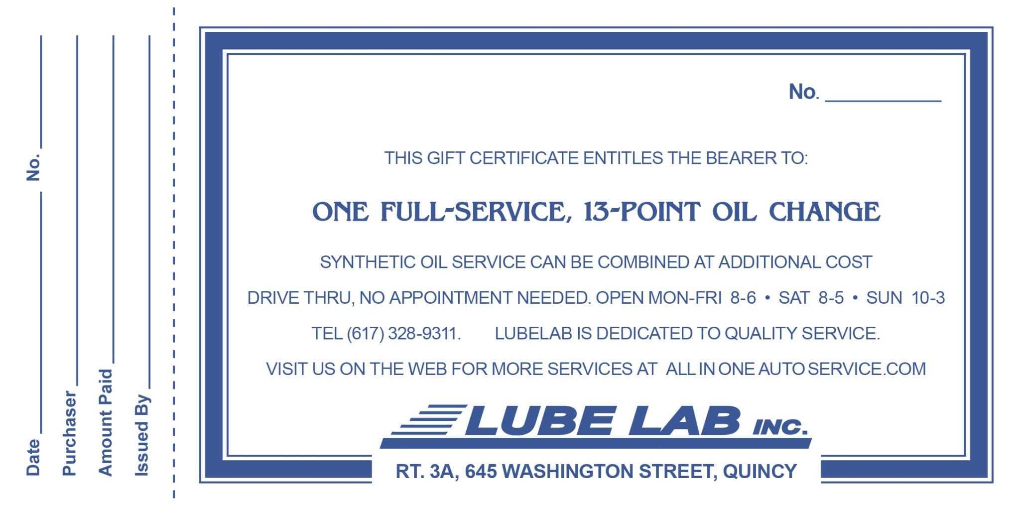 Full Service, 13 Point Oil Change | All In One & Lube Lab Intended For This Certificate Entitles The Bearer Template