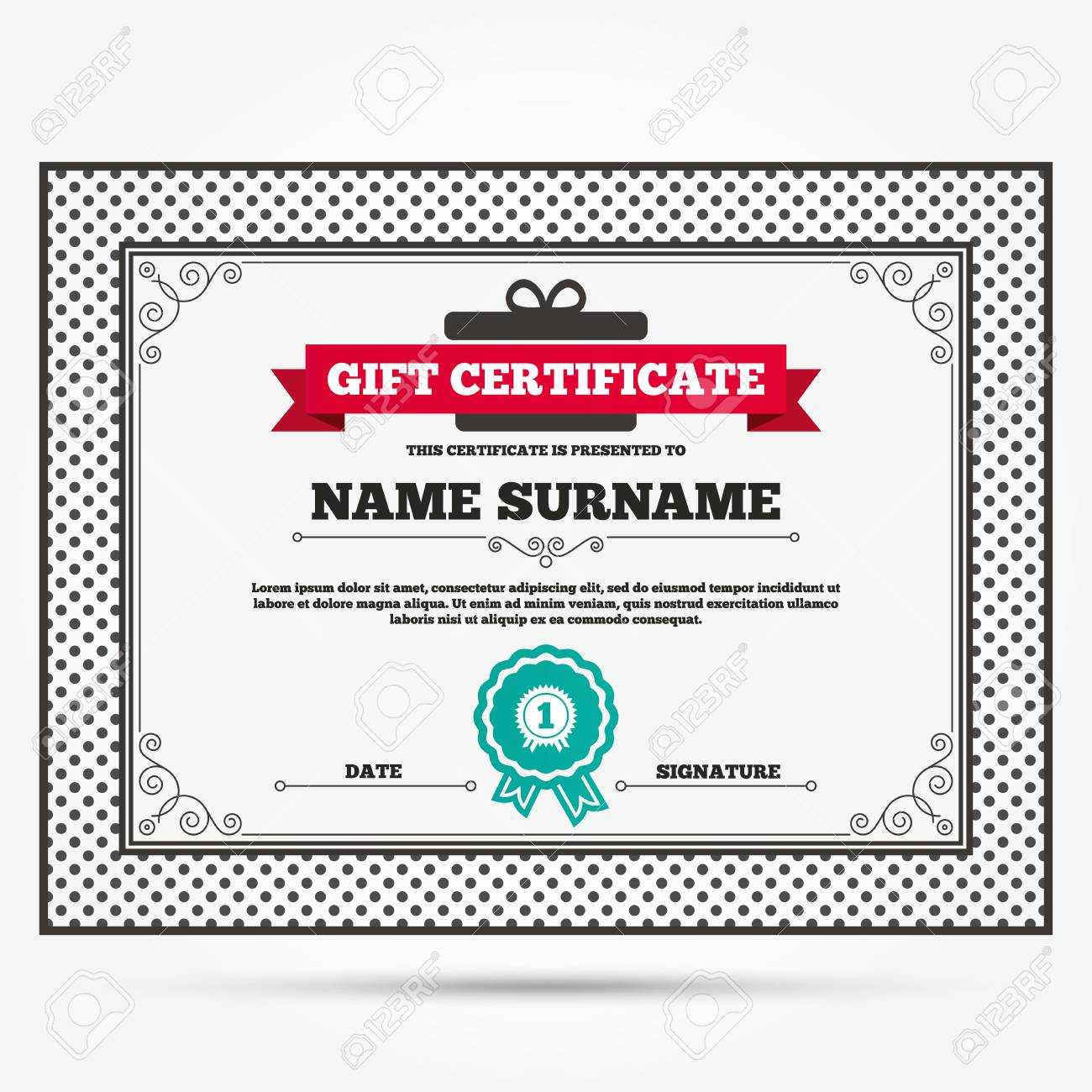Gift Certificate. First Place Award Sign Icon. Prize For Winner.. Inside First Place Certificate Template