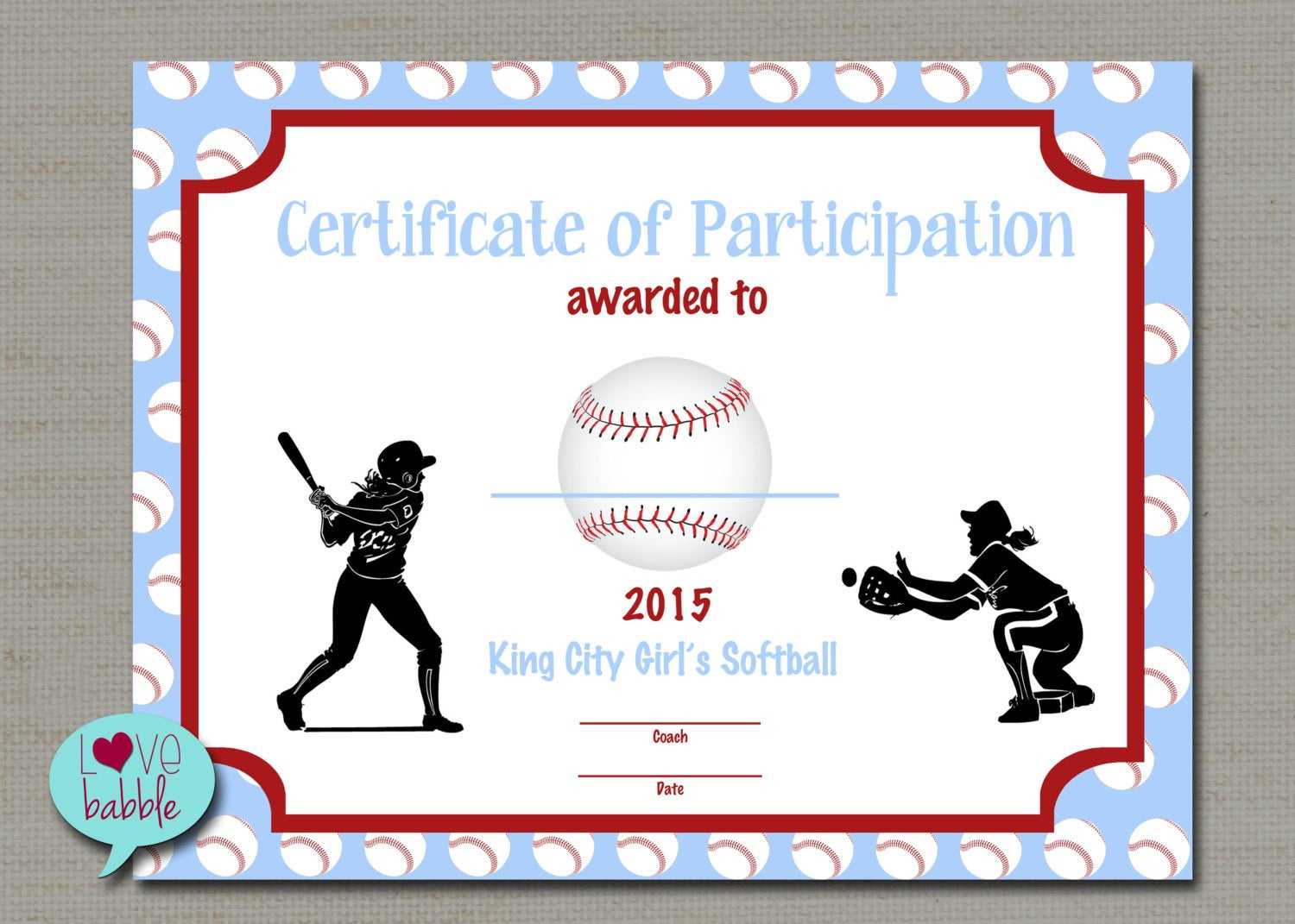 Girls Softball Baseball T Ball Award Certificate Printable Digital File  8.5" X 11" Pertaining To Softball Award Certificate Template