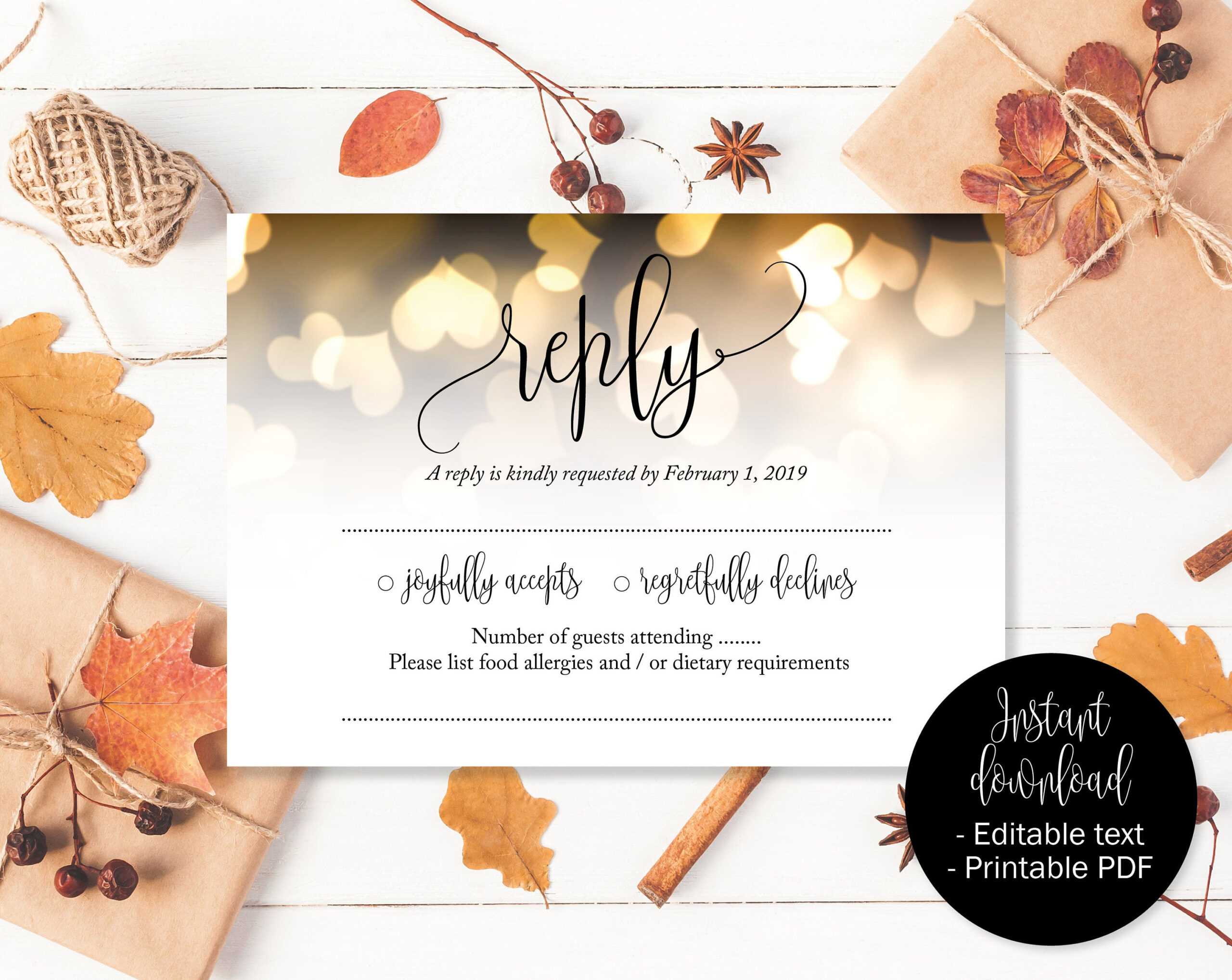 Gold Wedding Rsvp Cards, Gold Hearts Wedding, Reply Acceptance, Attendance  Cards, Rsvp Template, Wedding Printable, Download Rsvp Insert For Acceptance Card Template