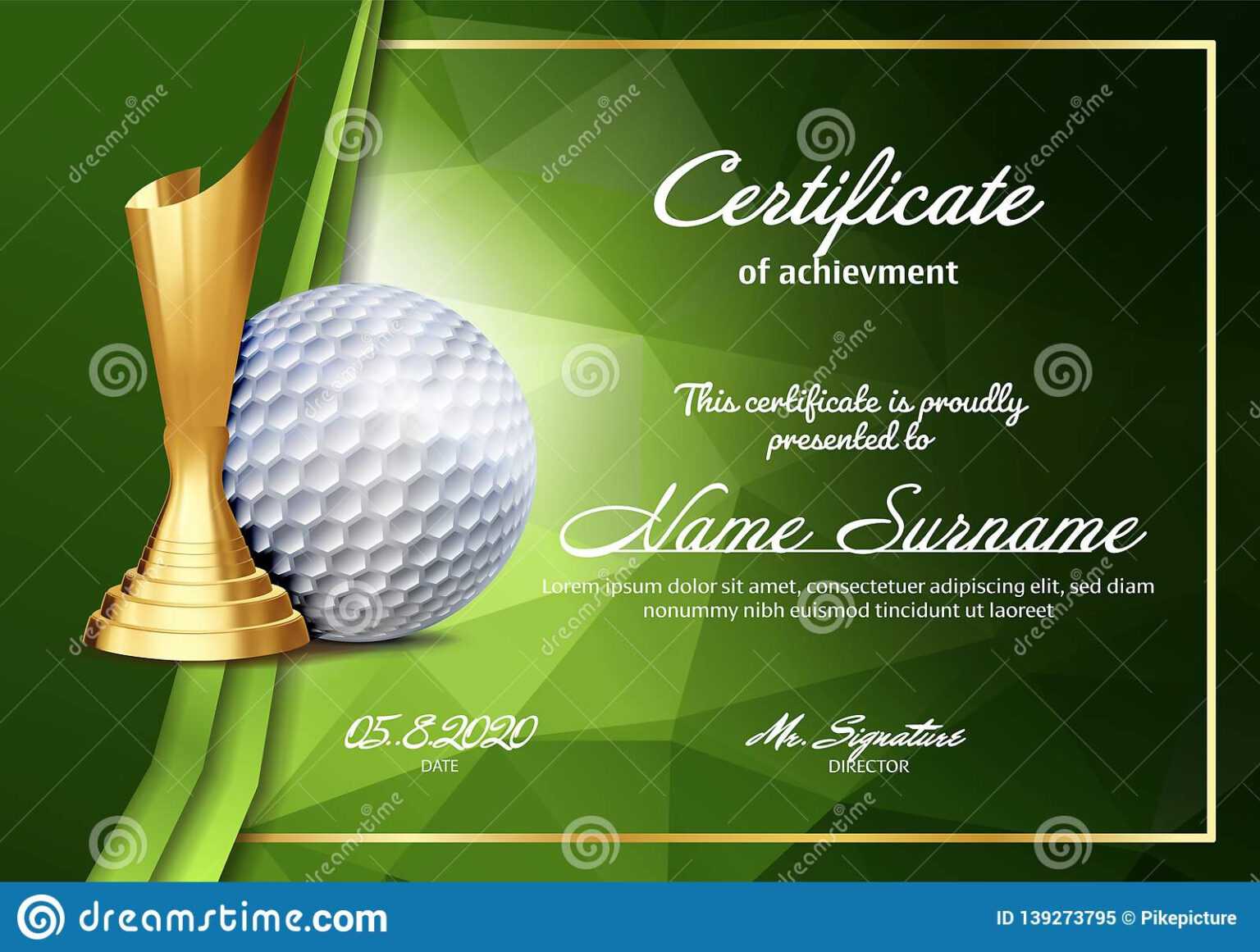 Golf Certificate Diploma With Golden Cup Vector. Sport