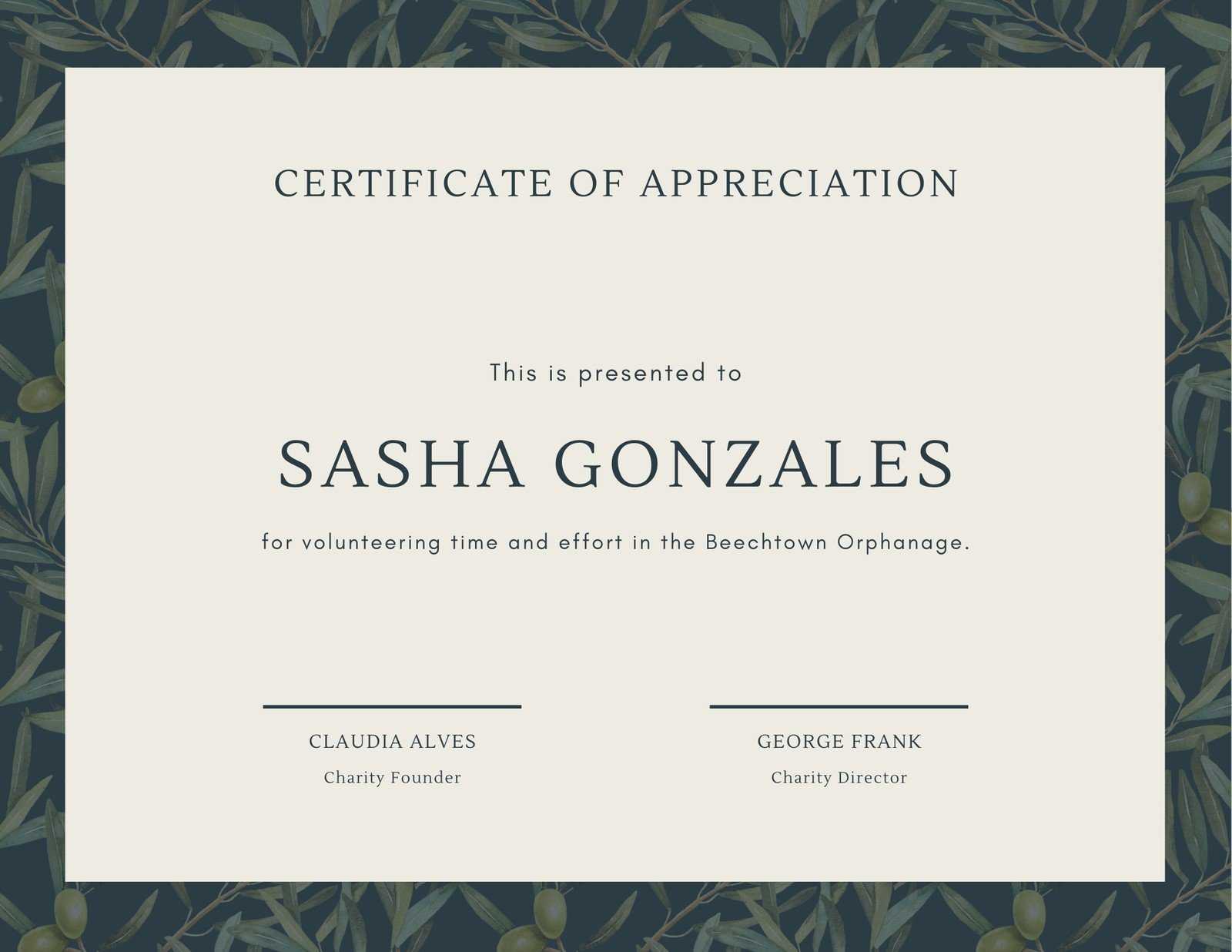 Green Olive Tree Leaves Volunteer Appreciation Certificate Throughout Volunteer Certificate Templates