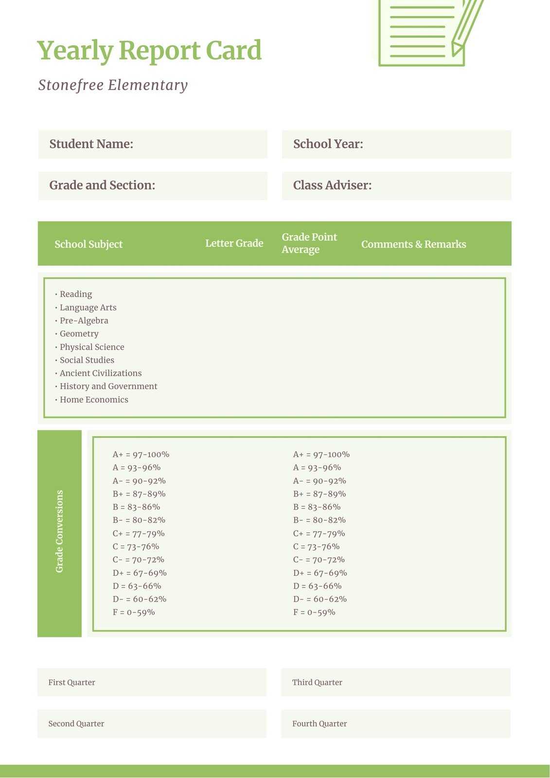 Green Simple Yearly Middle School Report Card – Templates For Report Card Template Middle School