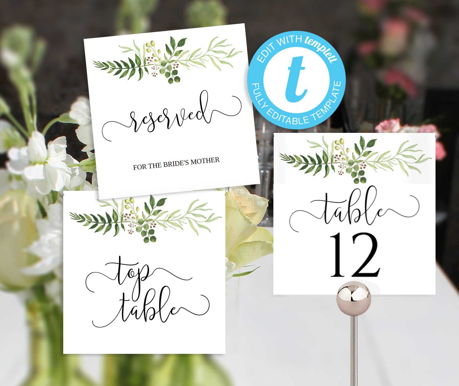 Greenery Wedding Table Numbers, Printable 5X5 Tentfold Templates, Reserved  Table And Top Table Signs | Woodland Rustic Wedding Ideas Throughout Reserved Cards For Tables Templates