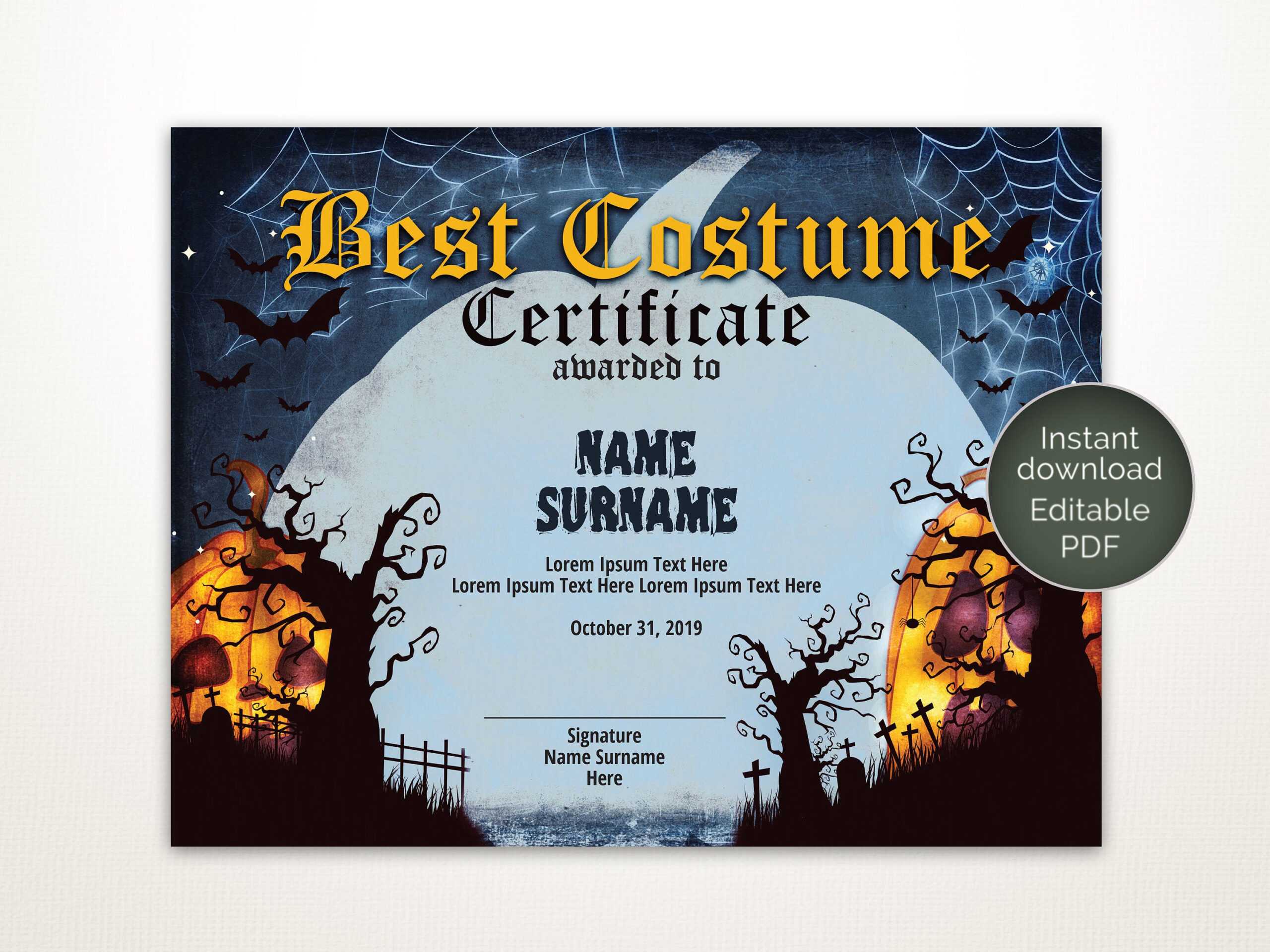 Halloween Best Costume Certificate Editable Template Costume Award  Printable Certificate Template Instant Download Throughout Halloween Certificate Template