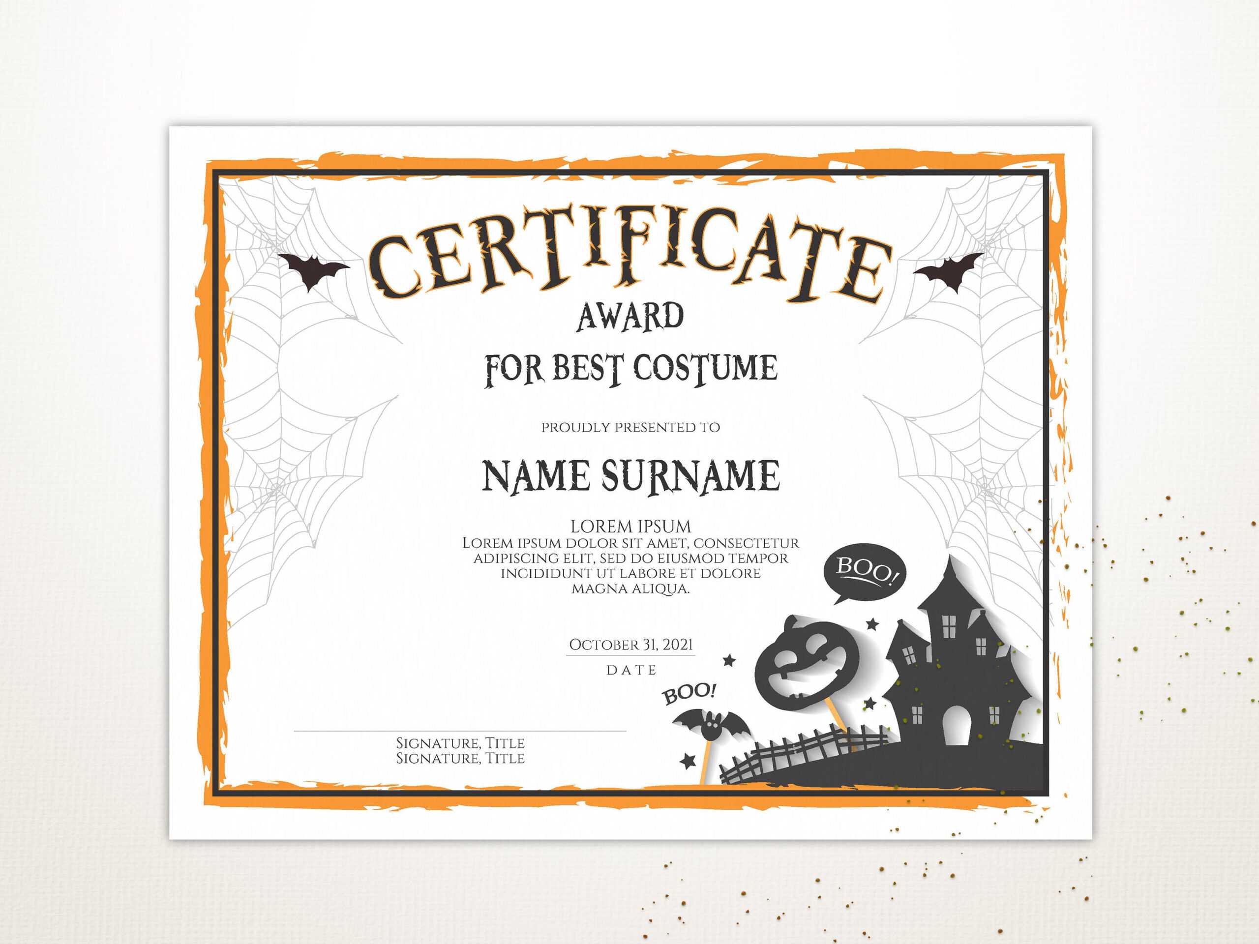 Halloween Blank Certificate Template, Editable, Printable Certificate  Template, Halloween Award, Instant Download Inside Halloween Costume Certificate Template