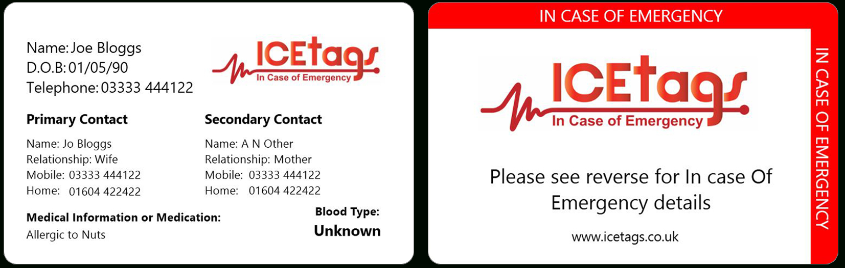 Ice Wallet Card | Full Size Icetags | Free Uk Delivery In Medical Alert Wallet Card Template