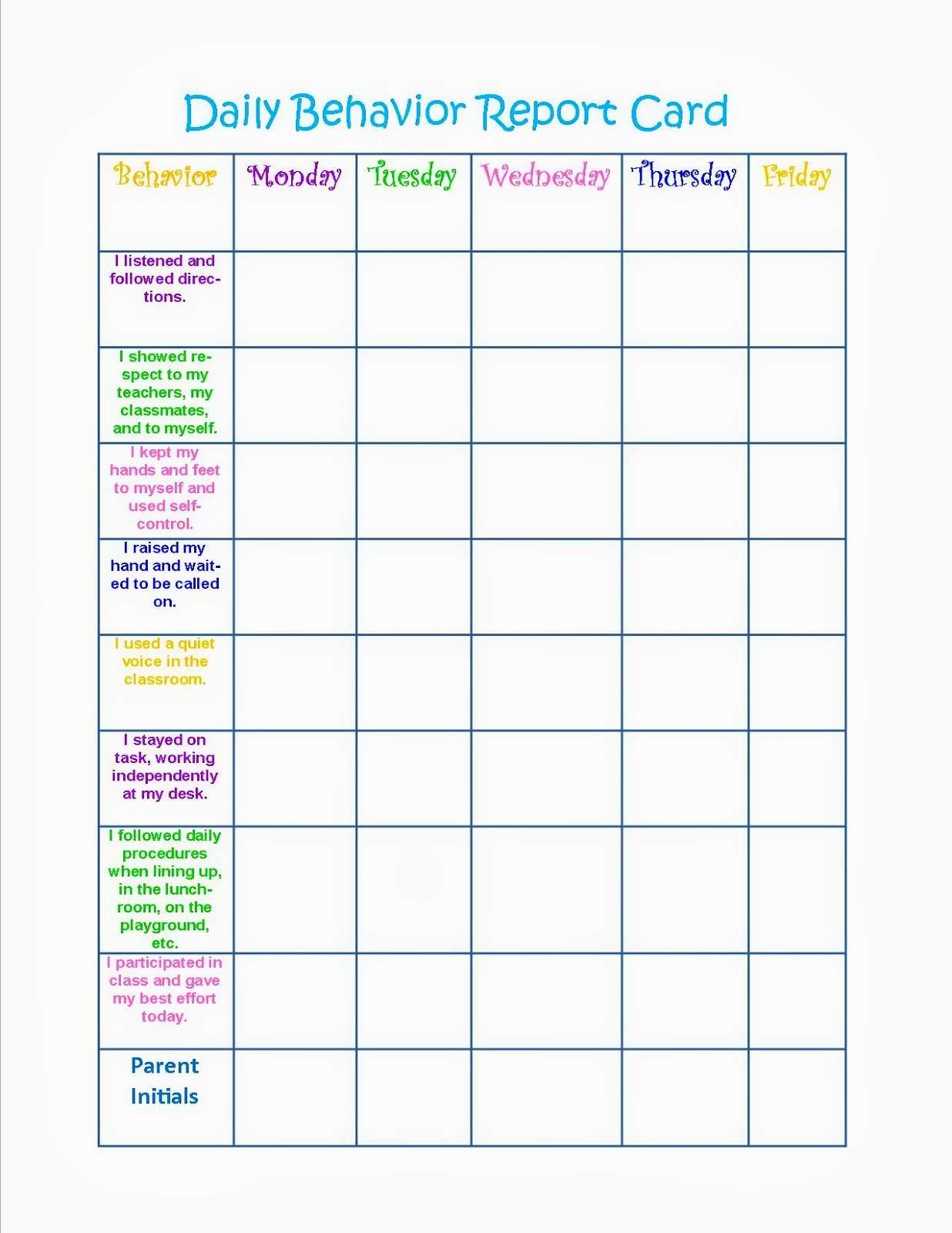 Impulse Control Behavior Worksheets | Printable Worksheets Within Daily Report Card Template For Adhd