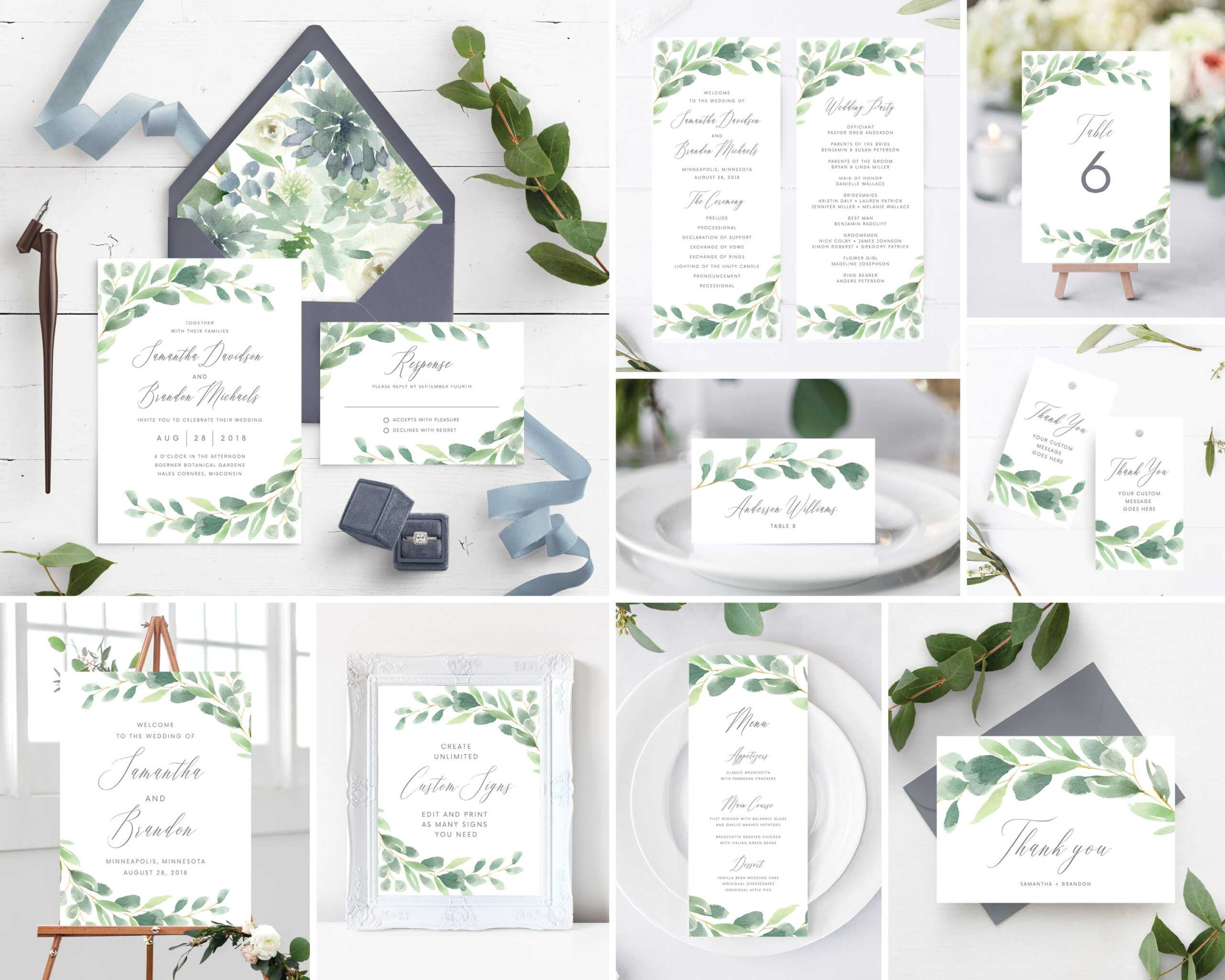 Instant Download Greenery And Gray Template Bundle Includes Wedding  Invitation, Envelope Liners, Program, Menu, Welcome Sign, And More! Regarding Michaels Place Card Template