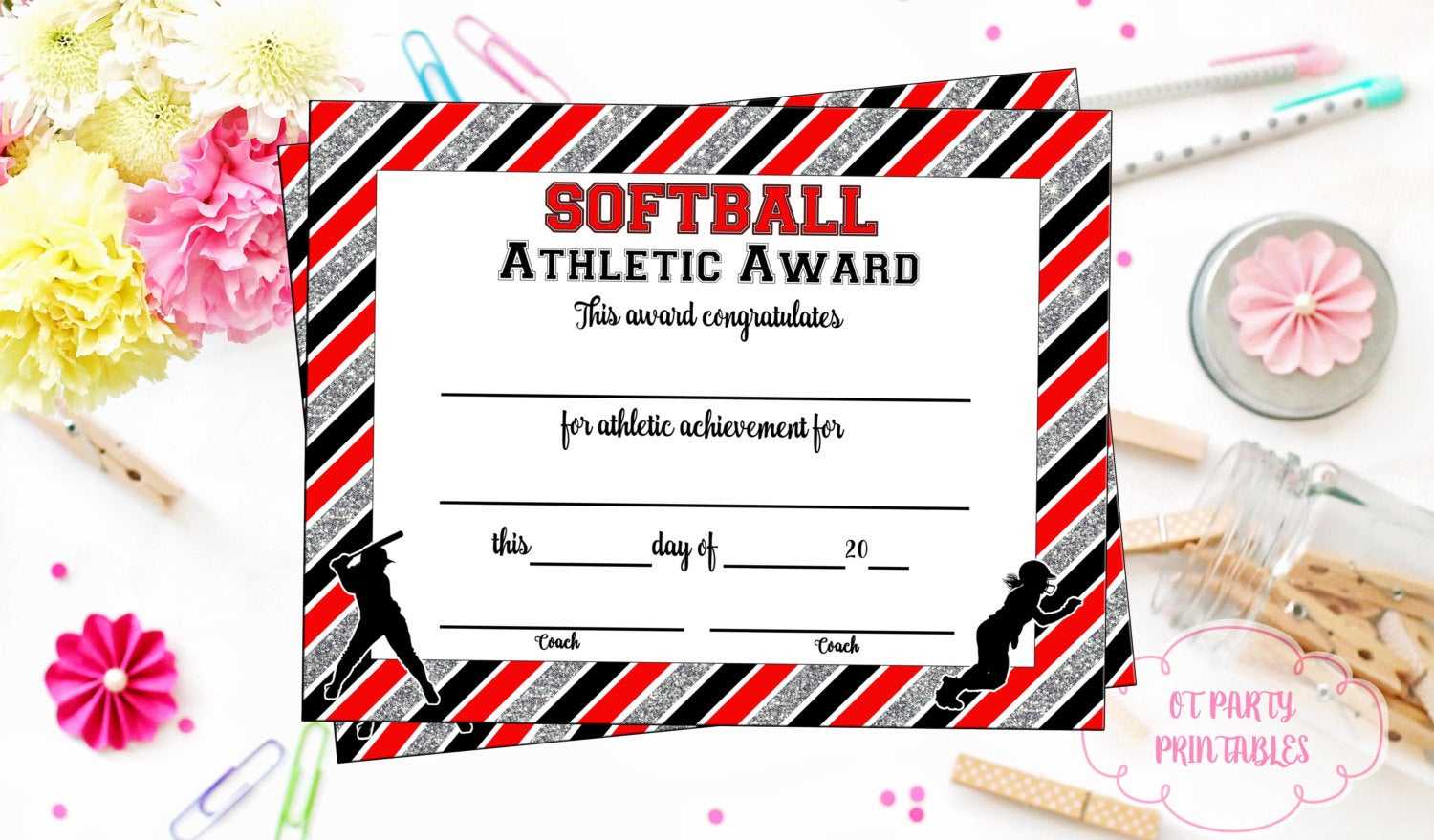 Instant Download - Softball Certificate Of Achievement - Softball Award -  Print At Home - Softball Certificate Of Completion - Sports Award Regarding Softball Award Certificate Template