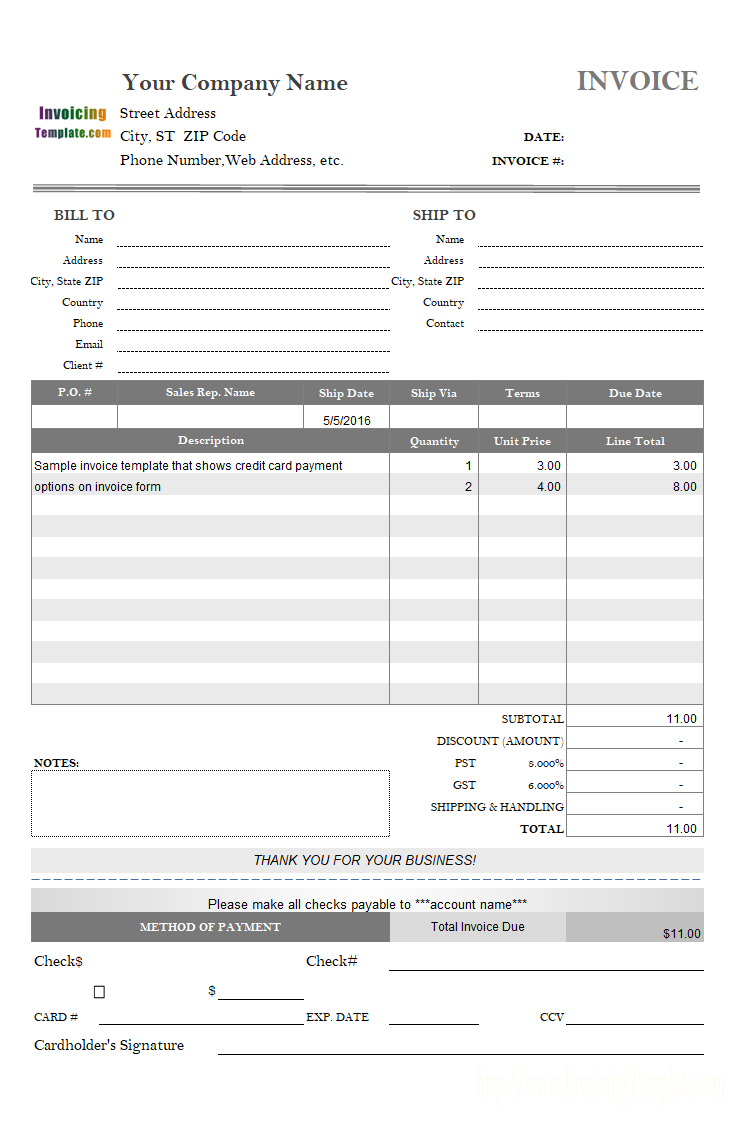 Invoice Template With Credit Card Payment Option Inside Credit Card Payment Slip Template