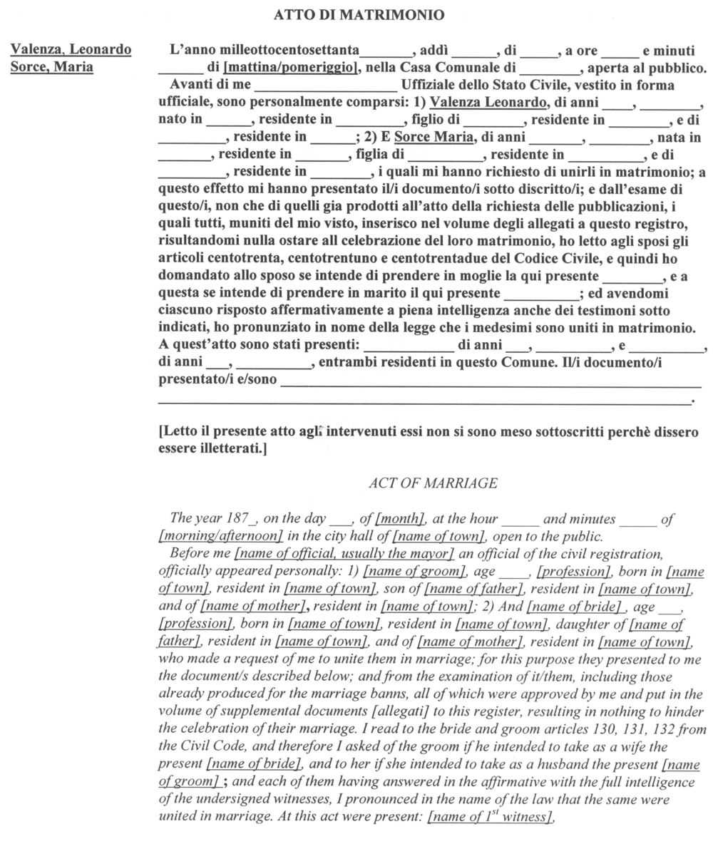 Italian Marriage Document Translations Genealogy In Marriage Certificate Translation Template