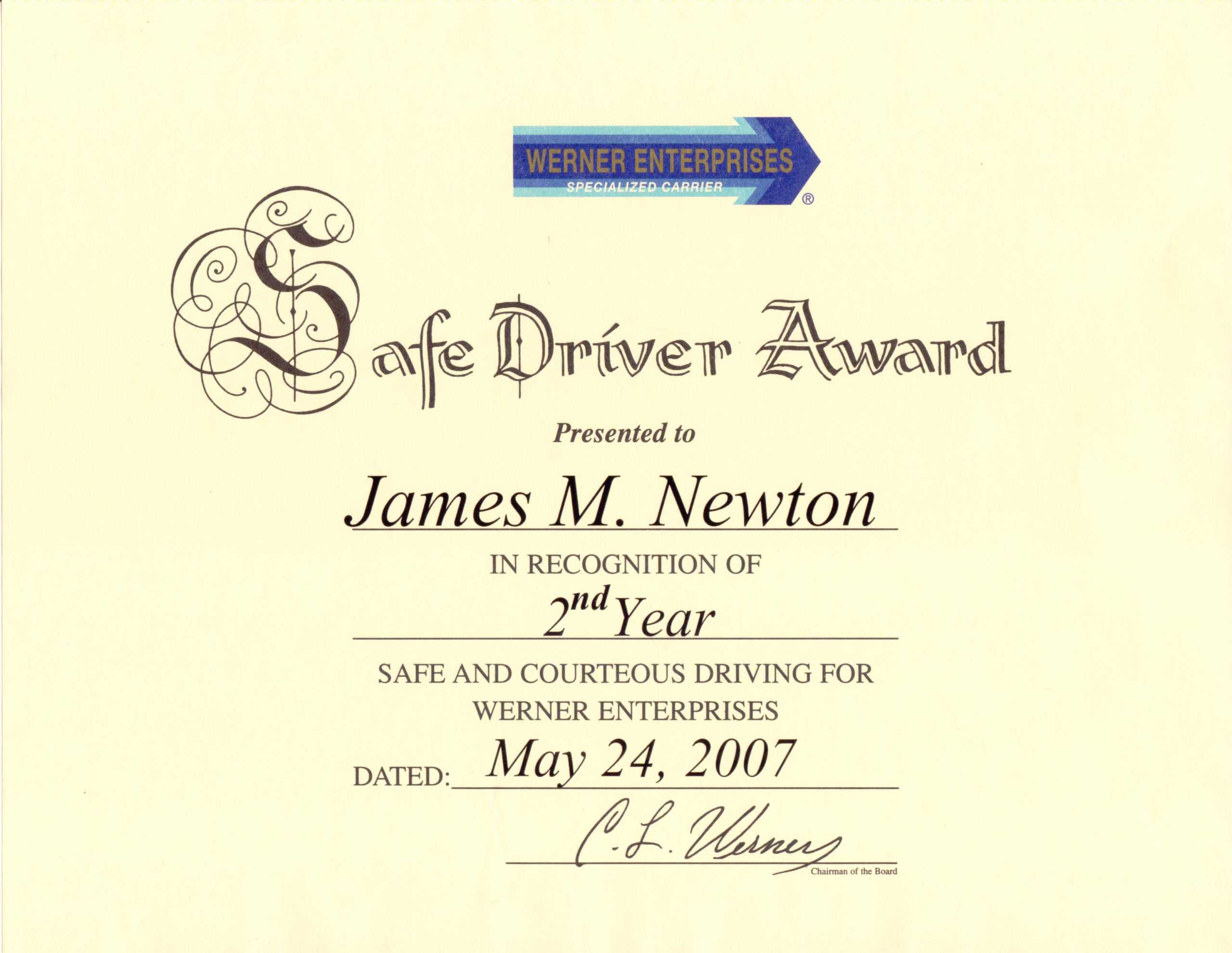 James M. Newton Awards Within Safe Driving Certificate Template