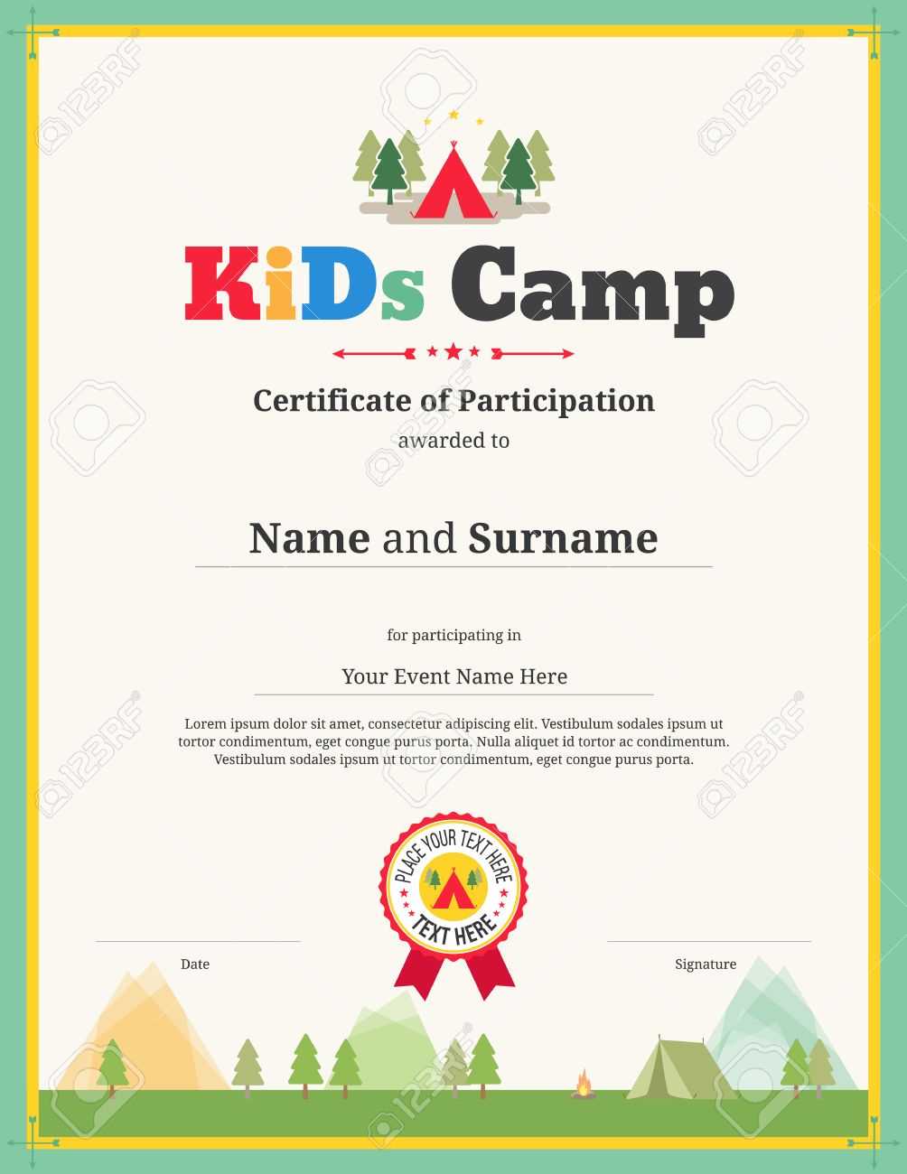 Kids Certificate Template For Camping Participation Throughout Templates For Certificates Of Participation