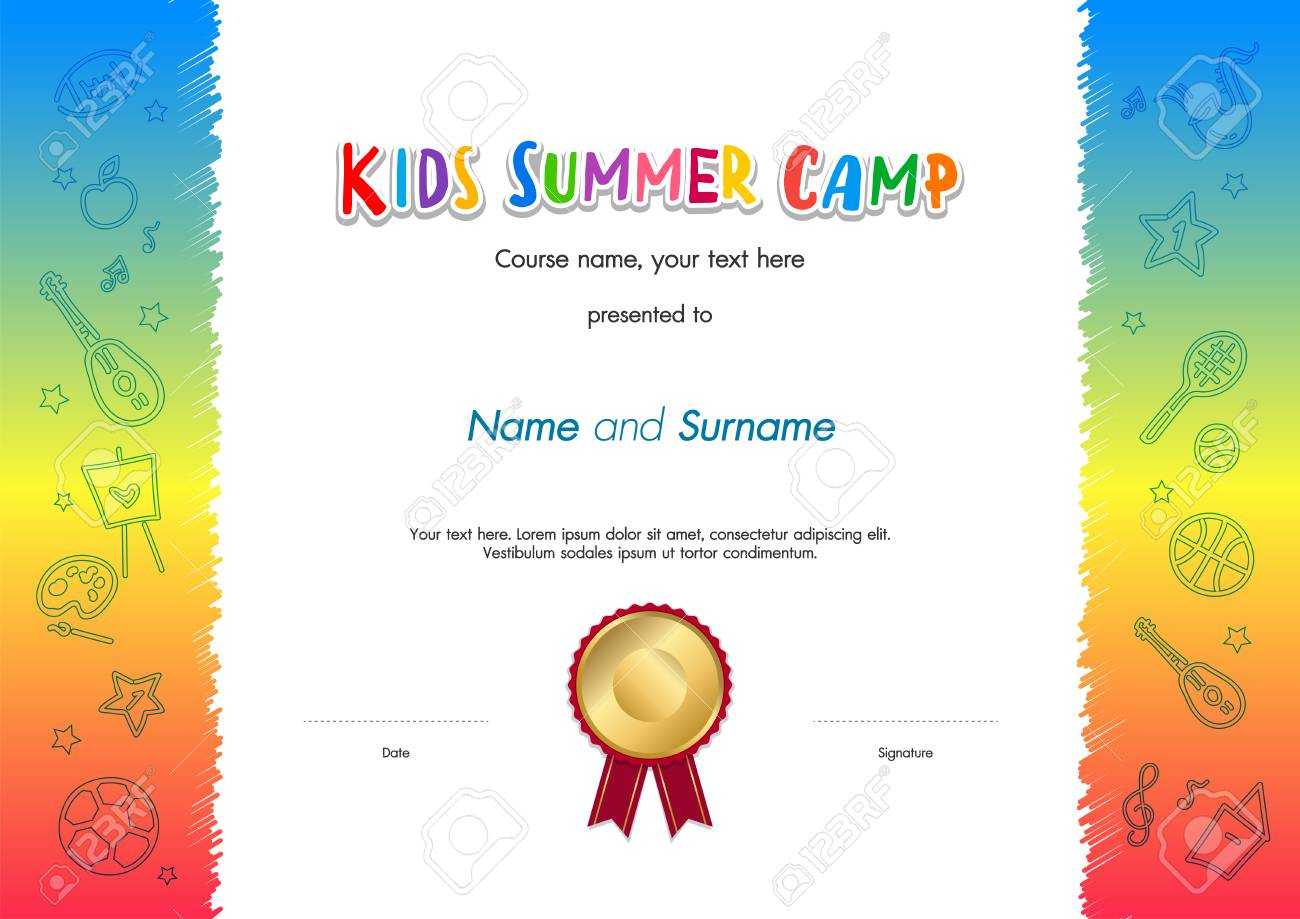 Kids Summer Camp Diploma Or Certificate Template Award Seal With.. Within Certificate Of Achievement Template For Kids