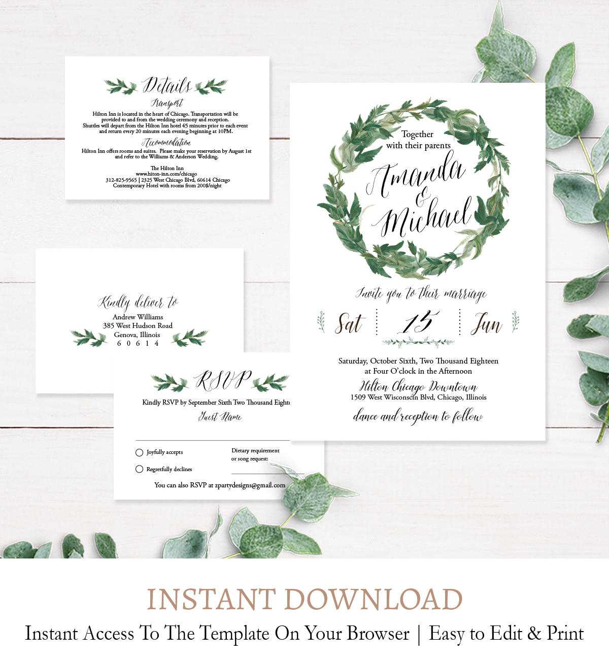 Laurel Wreath Wedding Invitation Suite, Rsvp Details Card Printable  Template C2 Regarding Template For Rsvp Cards For Wedding