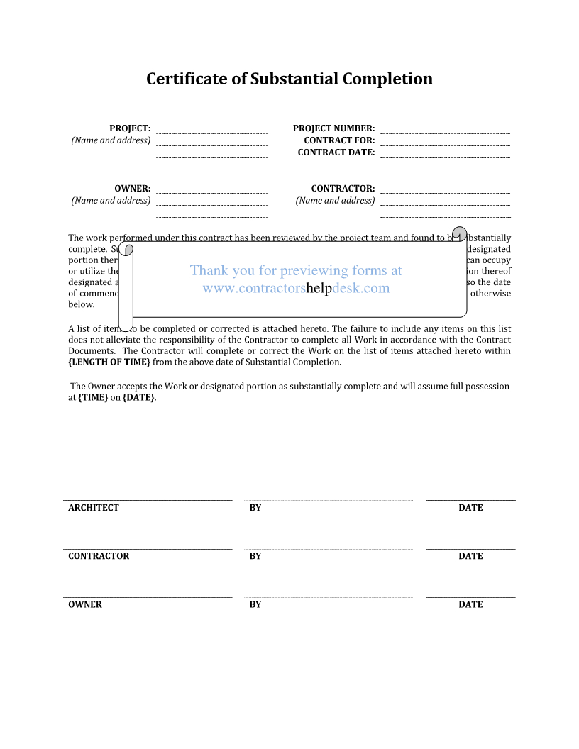 Letter Of Substantial Completion – Free Printable Documents With Regard To Certificate Of Substantial Completion Template