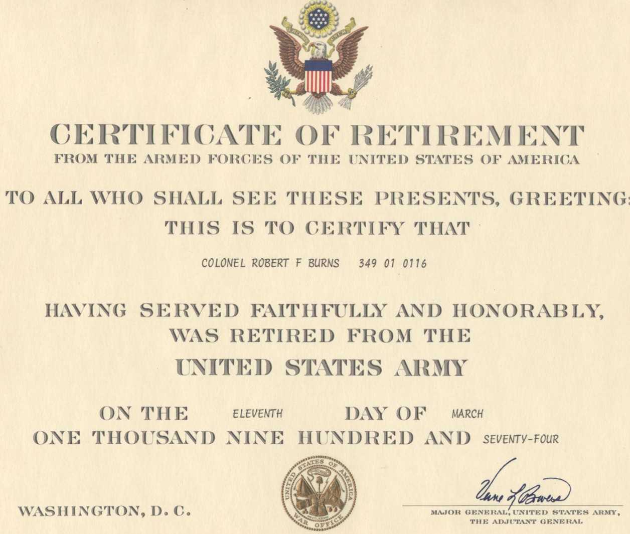 Major Robert F. Burns – Army Retirement Certificate For Army Certificate Of Appreciation Template