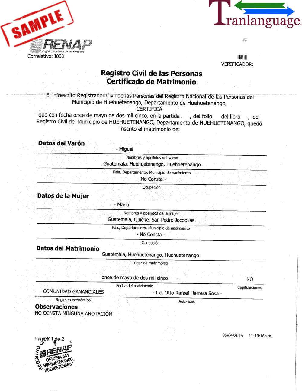 Marriage Certificate Guatemala With Birth Certificate Translation Template