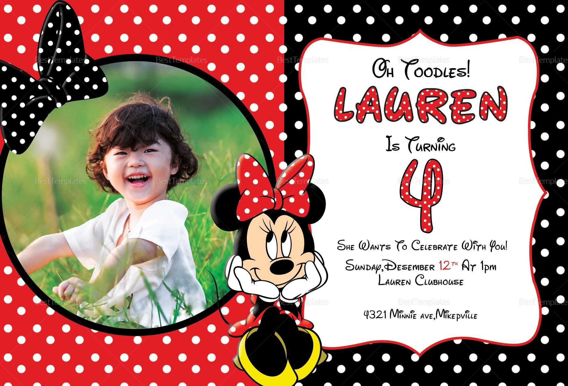 Minnie Mouse Photo Invitation Card Template For Minnie Mouse Card Templates