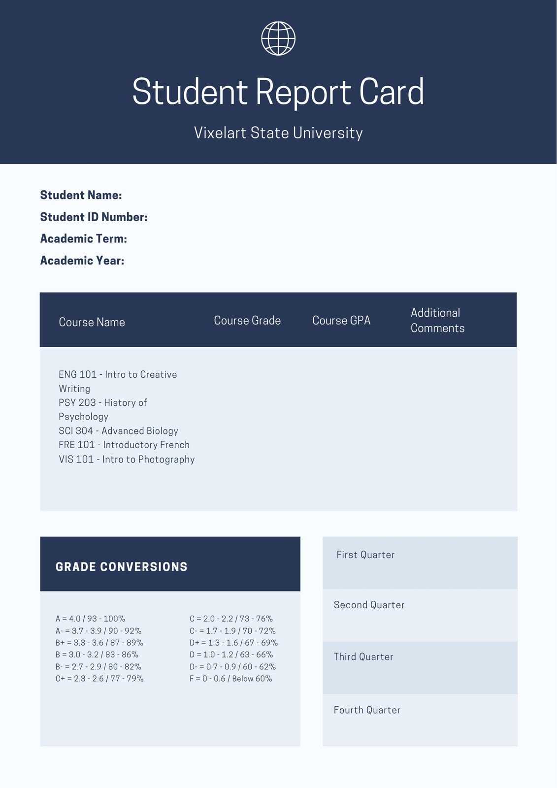 Navy Blue College Report Card – Templatescanva With Regard To College Report Card Template