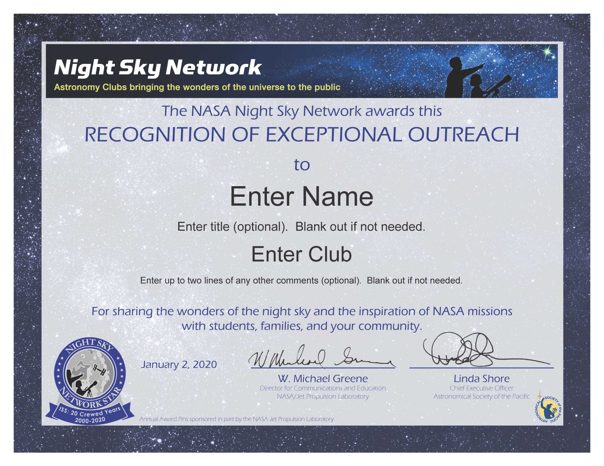 Nsn Astronomy Outreach Award Certificate (For Service In Inside Borderless Certificate Templates