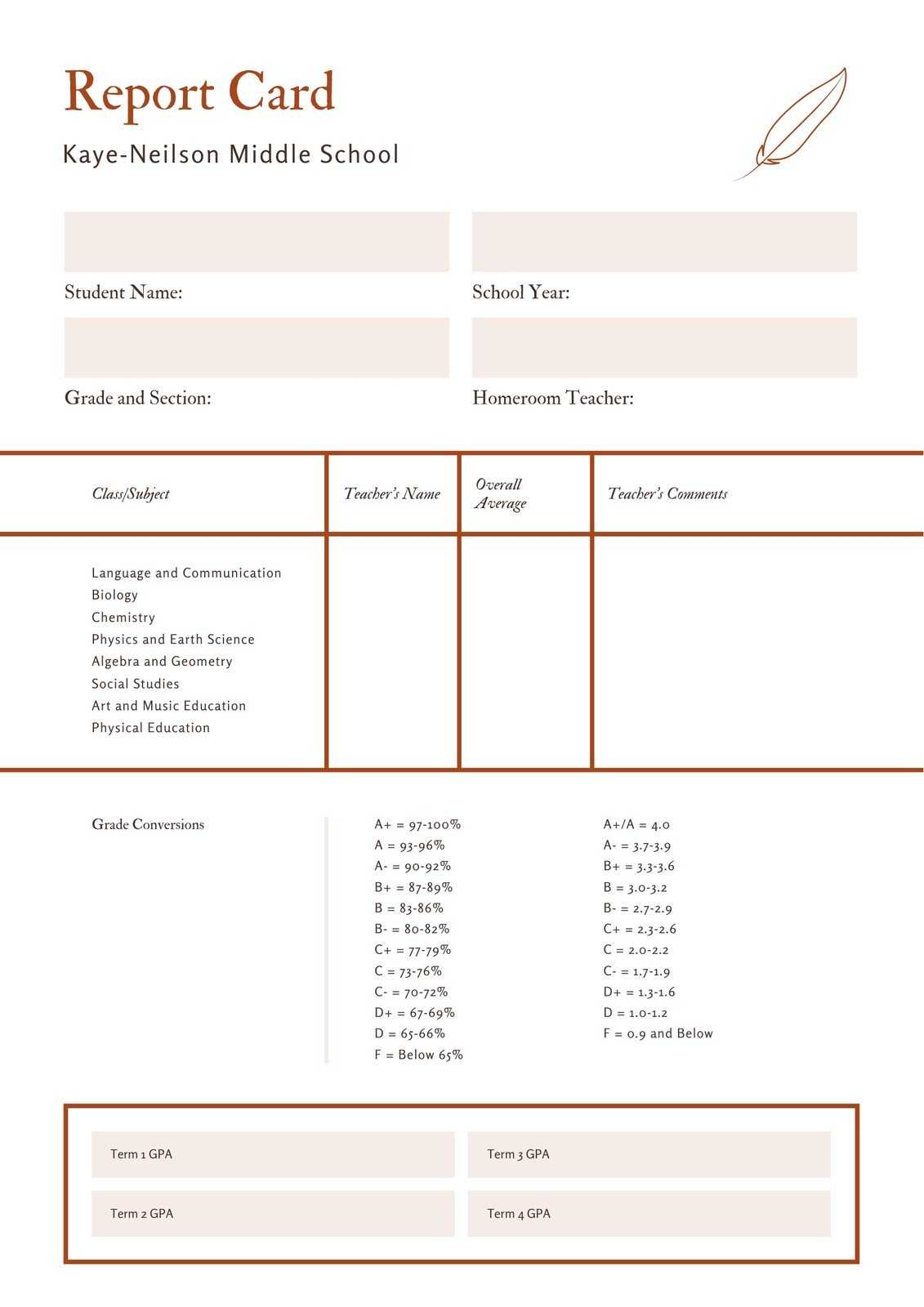 Orange And White Paper And Quill Middle School Report Card Pertaining To Report Card Template Middle School