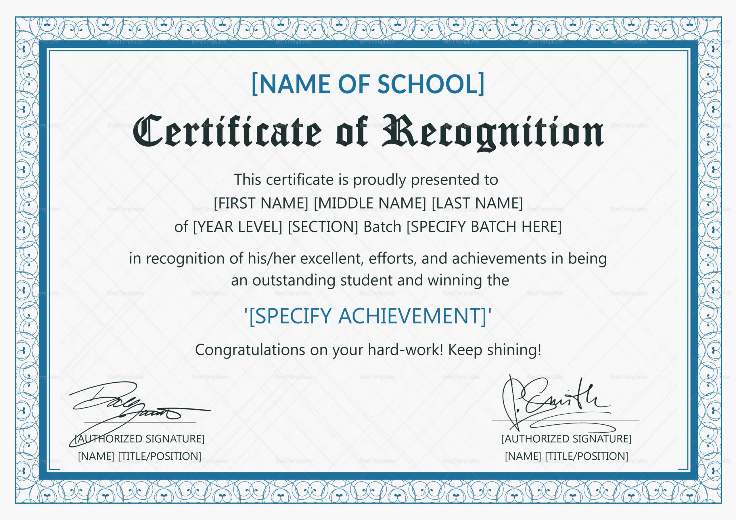 Outstanding Student Recognition Certificate Template Within Sample Certificate Of Recognition Template