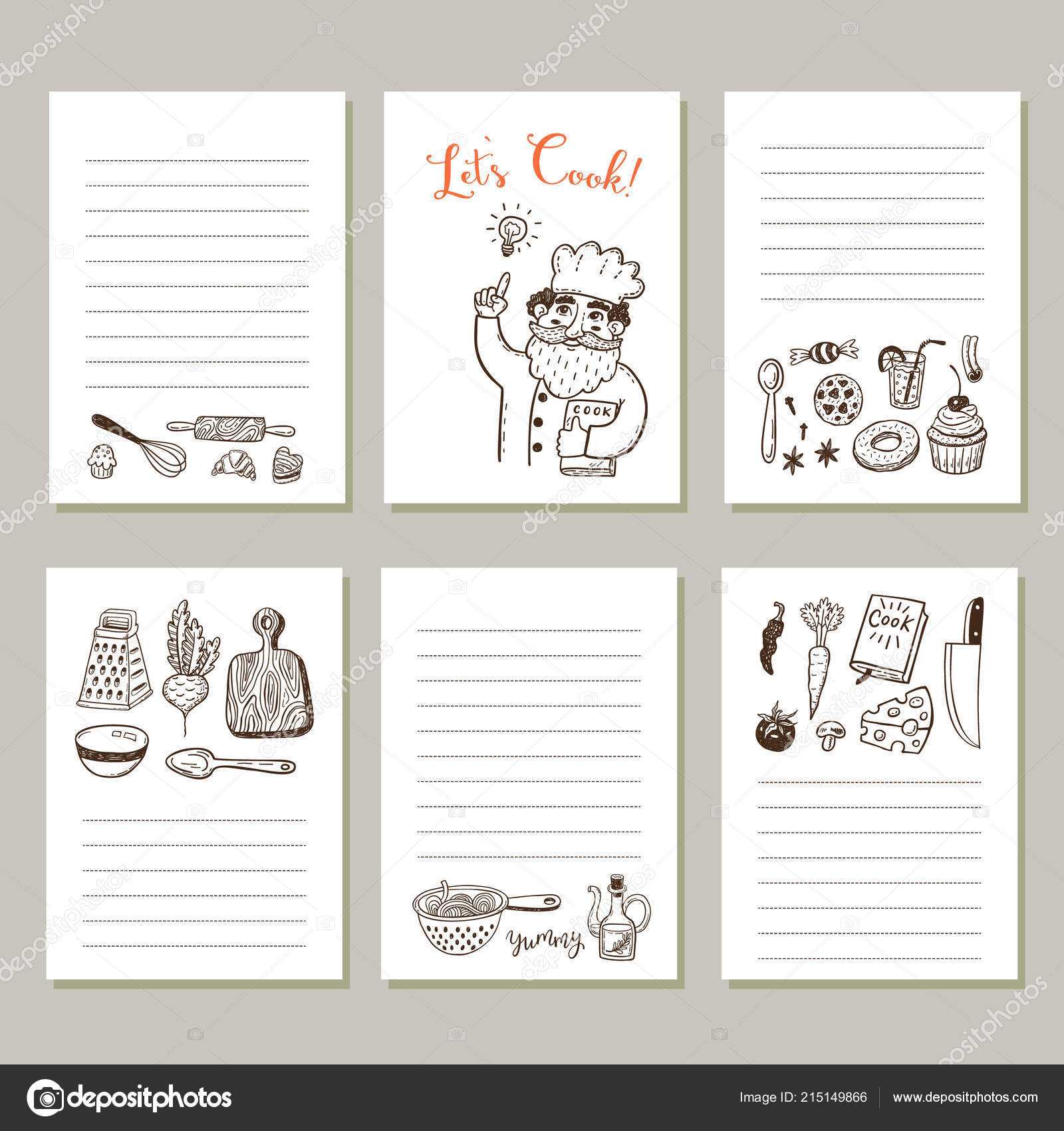 Page Template Set Notes Cooking Recipe Cards Hand Drawn Intended For Recipe Card Design Template
