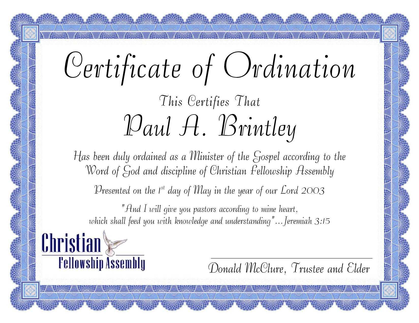 Pastoral Ordination Certificatepatricia Clay – Issuu With Ordination Certificate Template