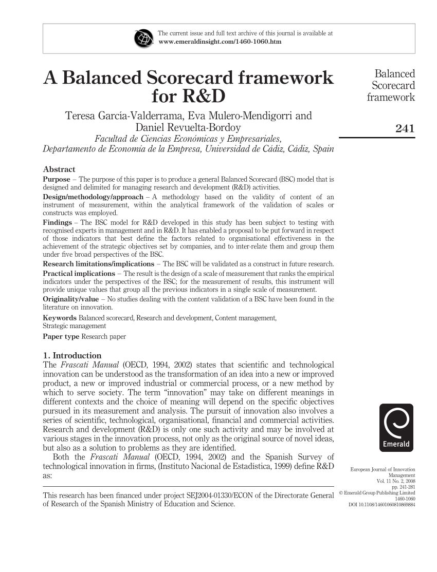 Pdf) A Balanced Scorecard Framework For R&d For Bridge Score Card Template