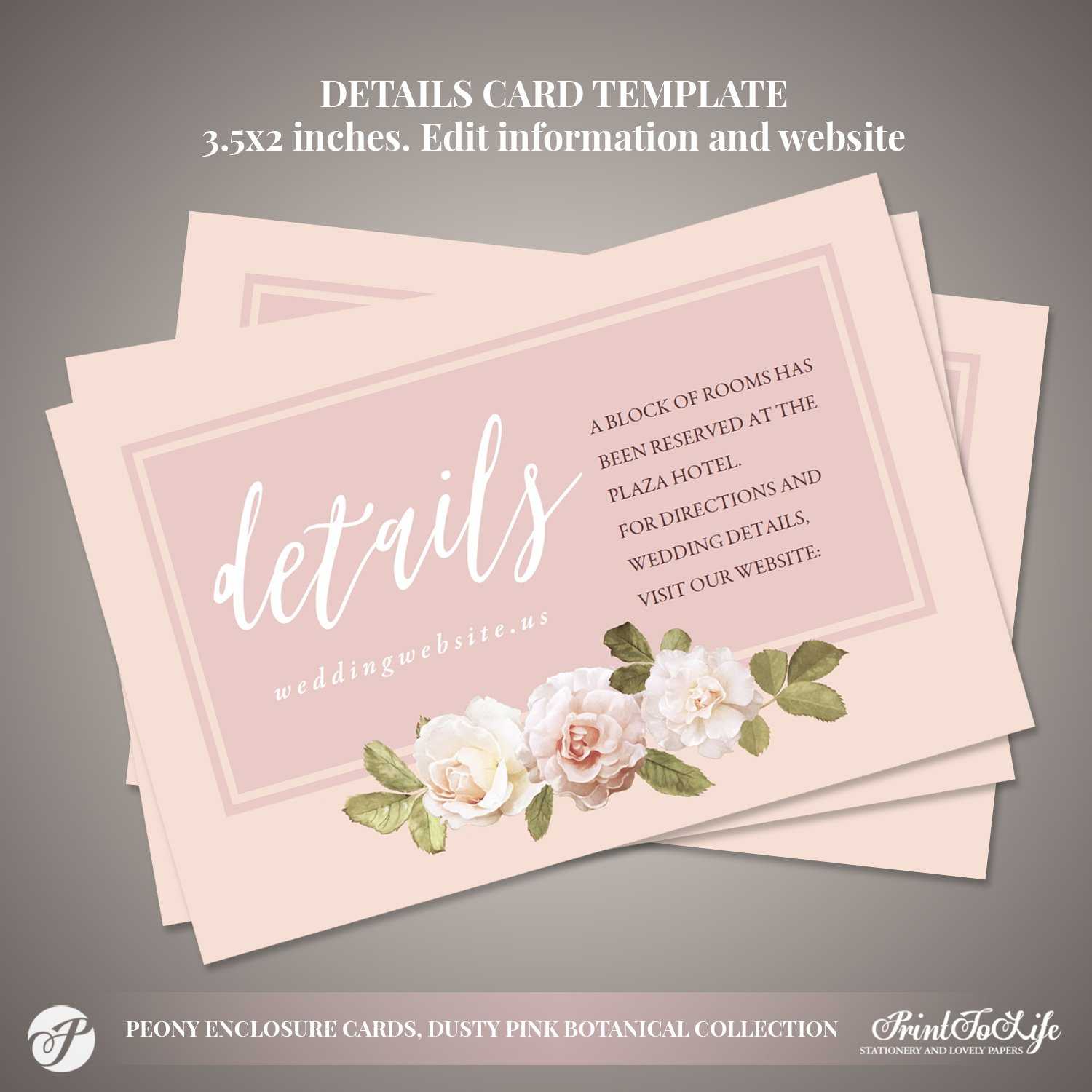 Peony Details Card, Wedding Information Card #dusty Pink Botanical  Collection With Regard To Wedding Hotel Information Card Template
