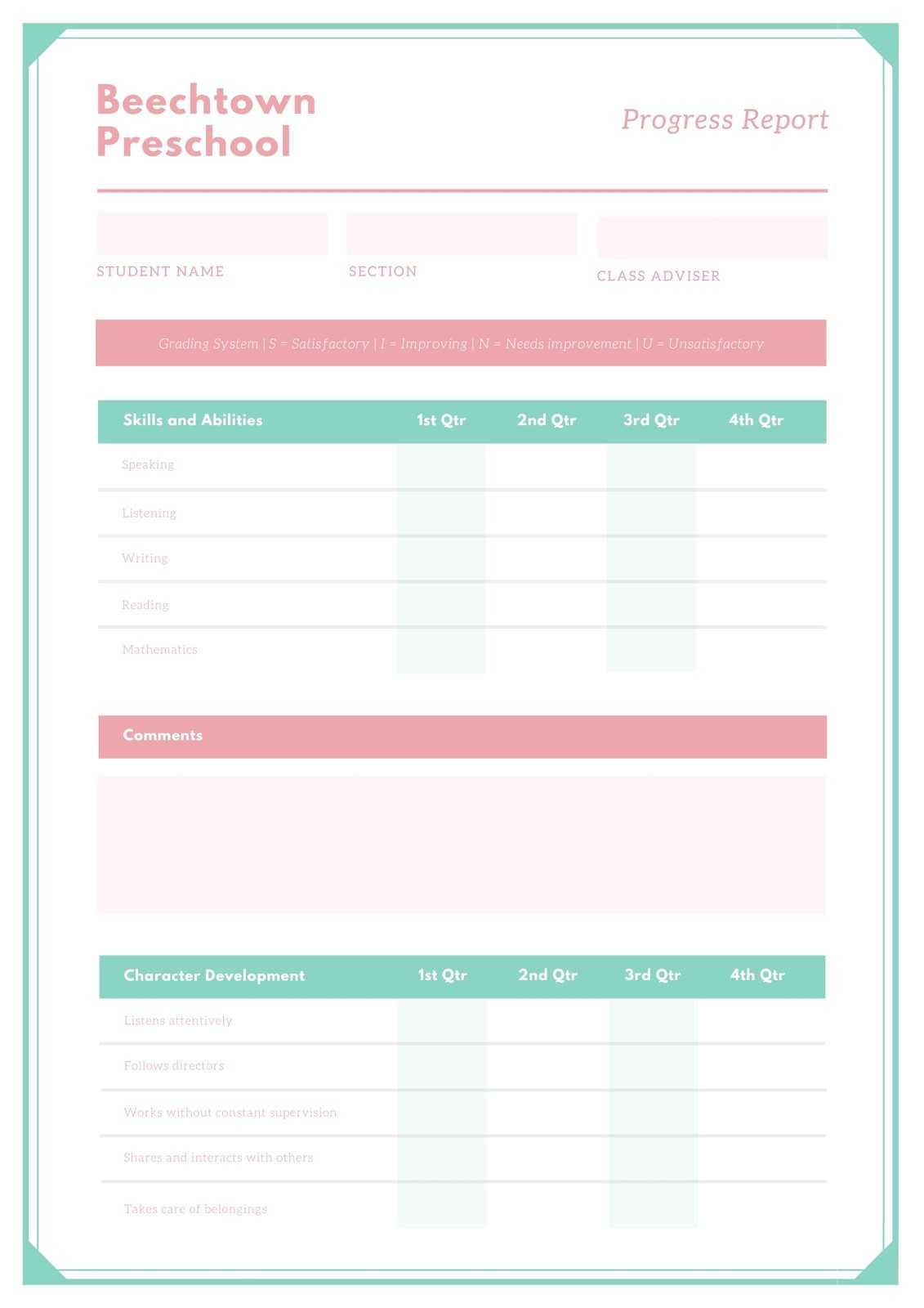 Pink & Teal Modern Preschool Report Card – Templatescanva Throughout Character Report Card Template
