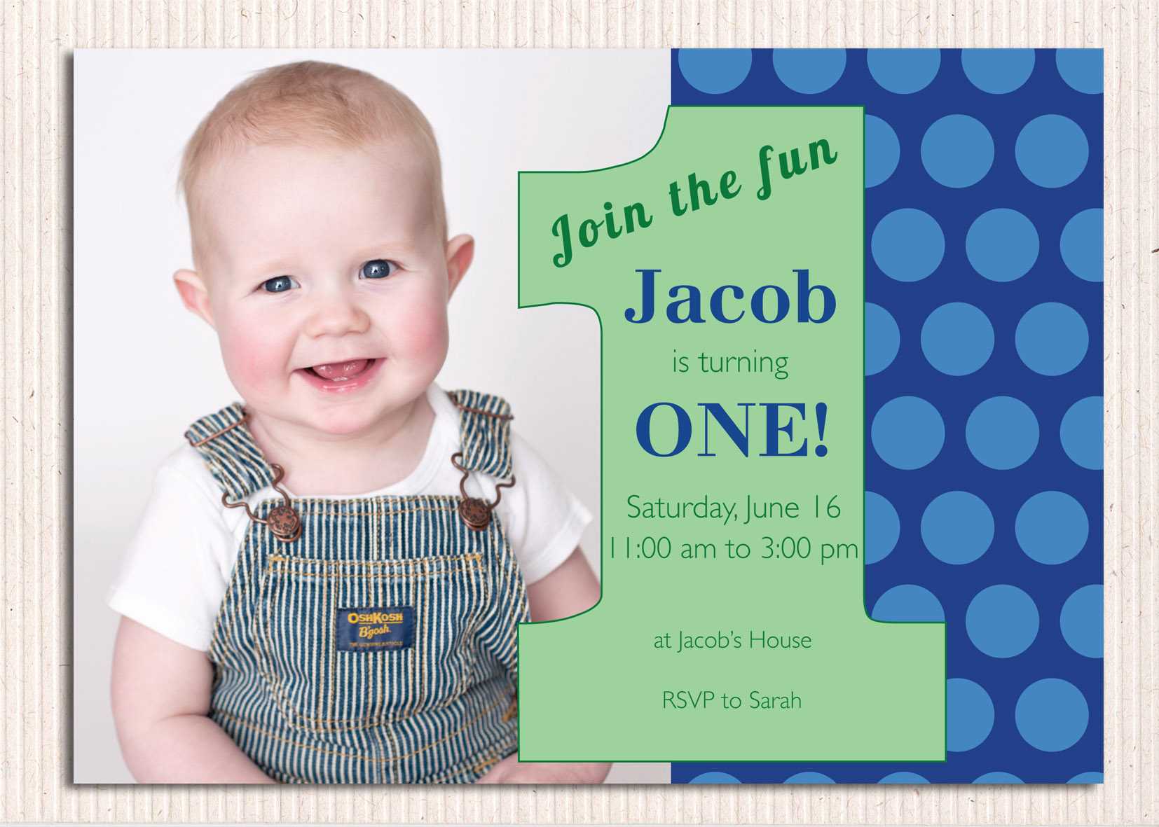 Polka Dot Blue First Birthday Photo Invitations – Free With Regard To First Birthday Invitation Card Template