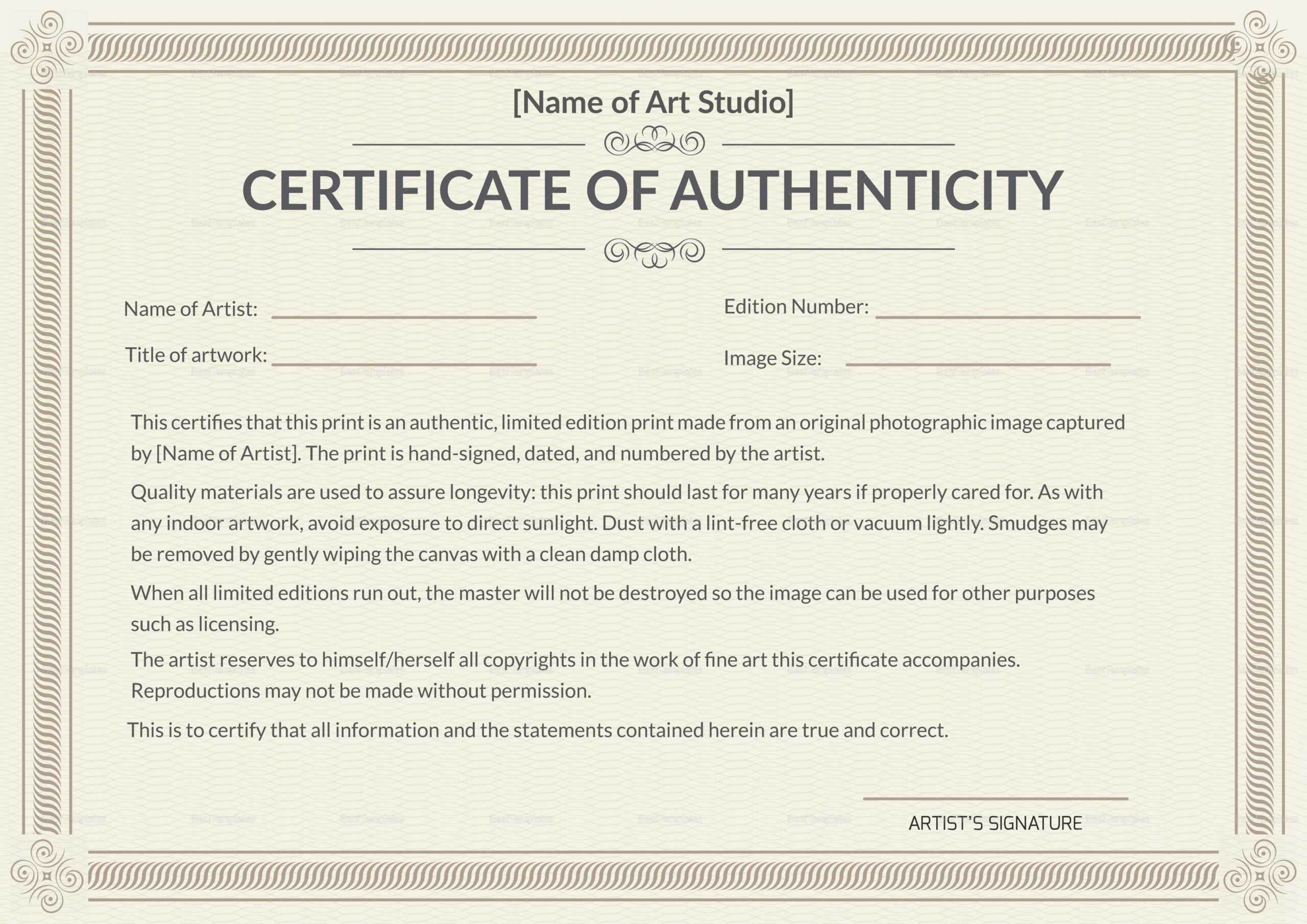 Printable Authenticity Certificate Template With Regard To Certificate Of Authenticity Template