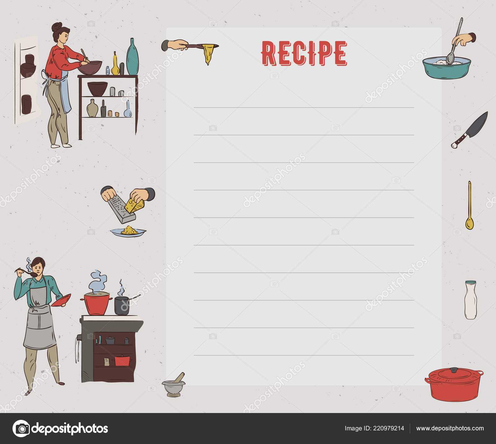 Recipe Card Cookbook Page Design Template People Preparing Inside Restaurant Recipe Card Template