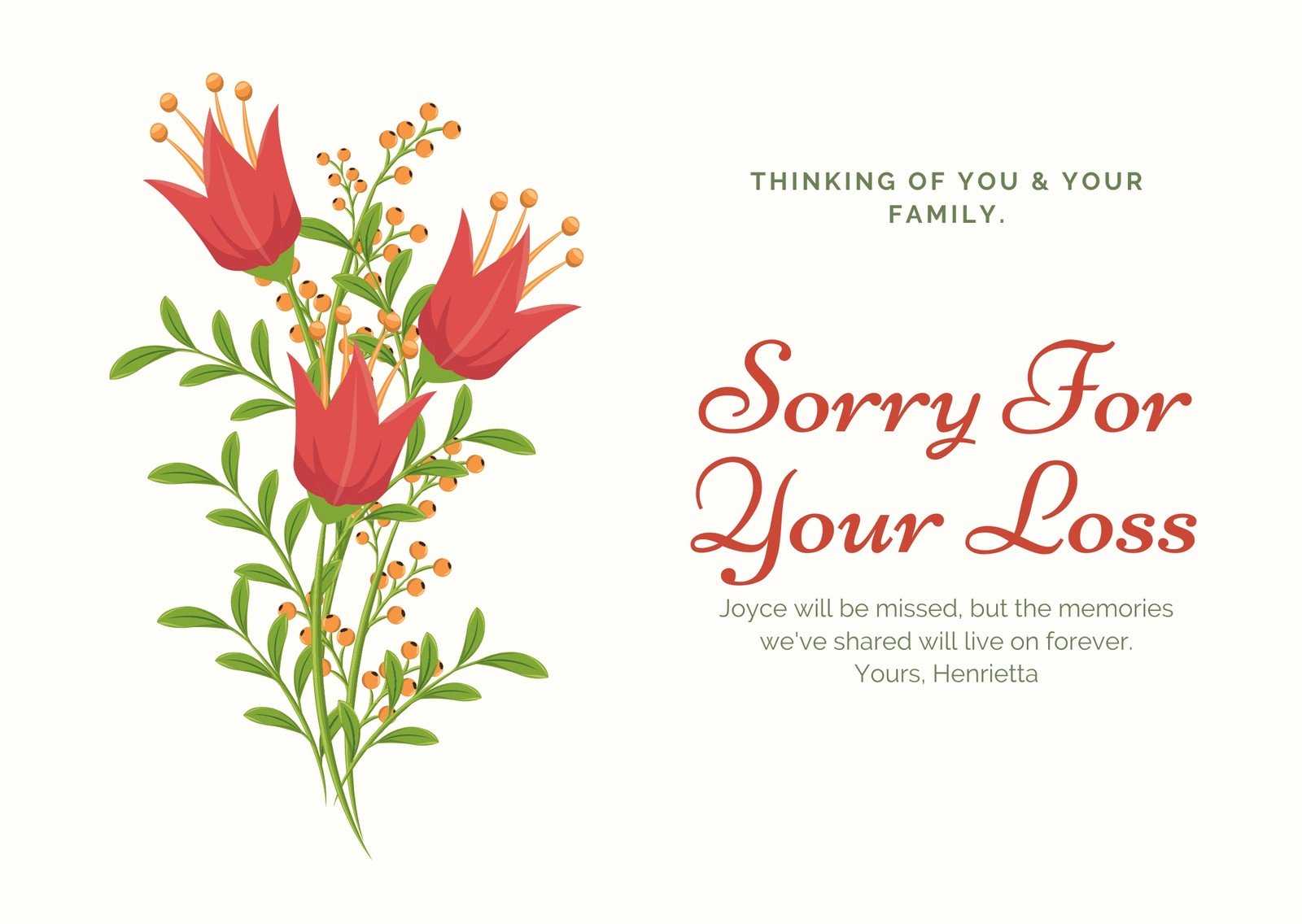 Red And Green Illustrated Flower Sympathy Card - Templates With Sorry For Your Loss Card Template