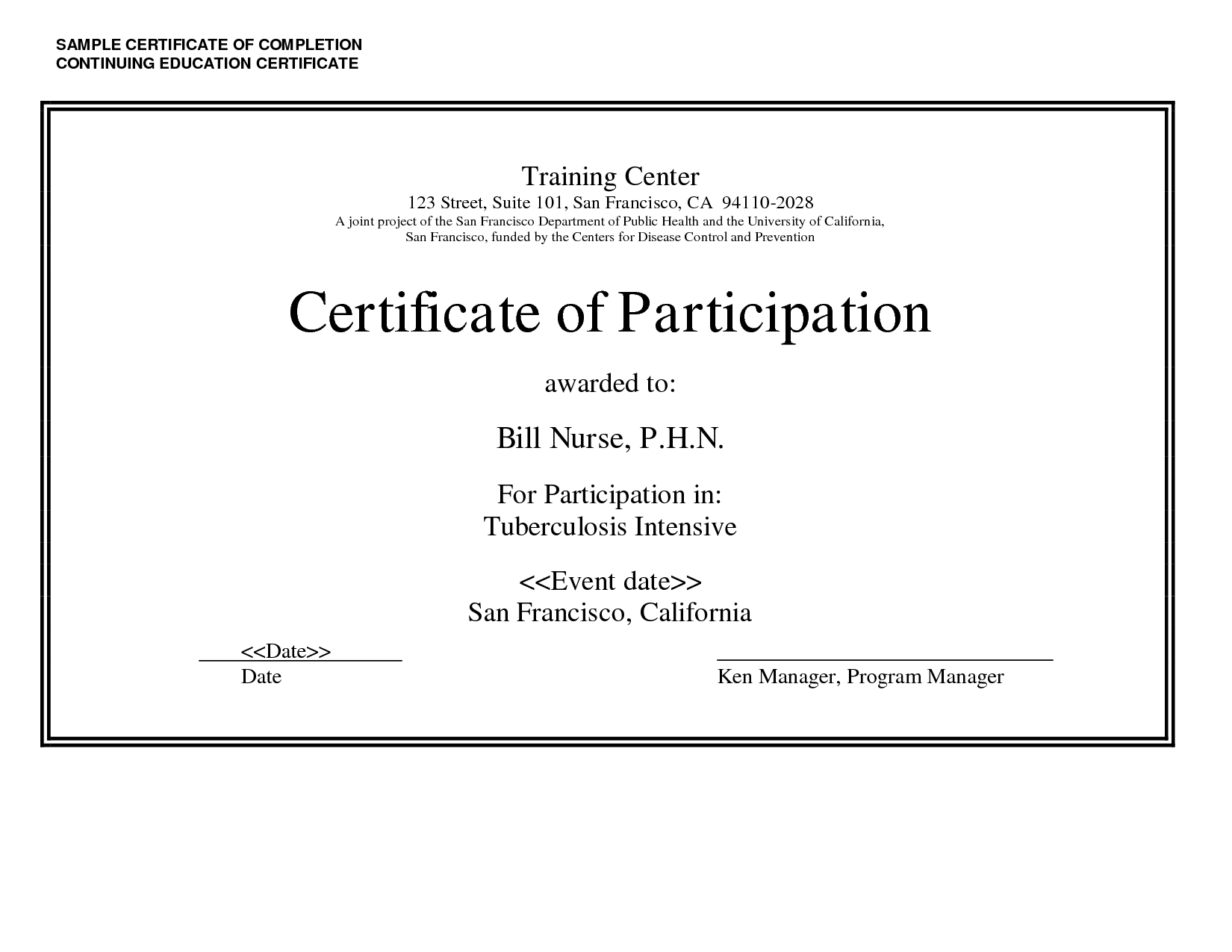 Sample Certificate Of Completion Continuing Education Regarding Continuing Education Certificate Template