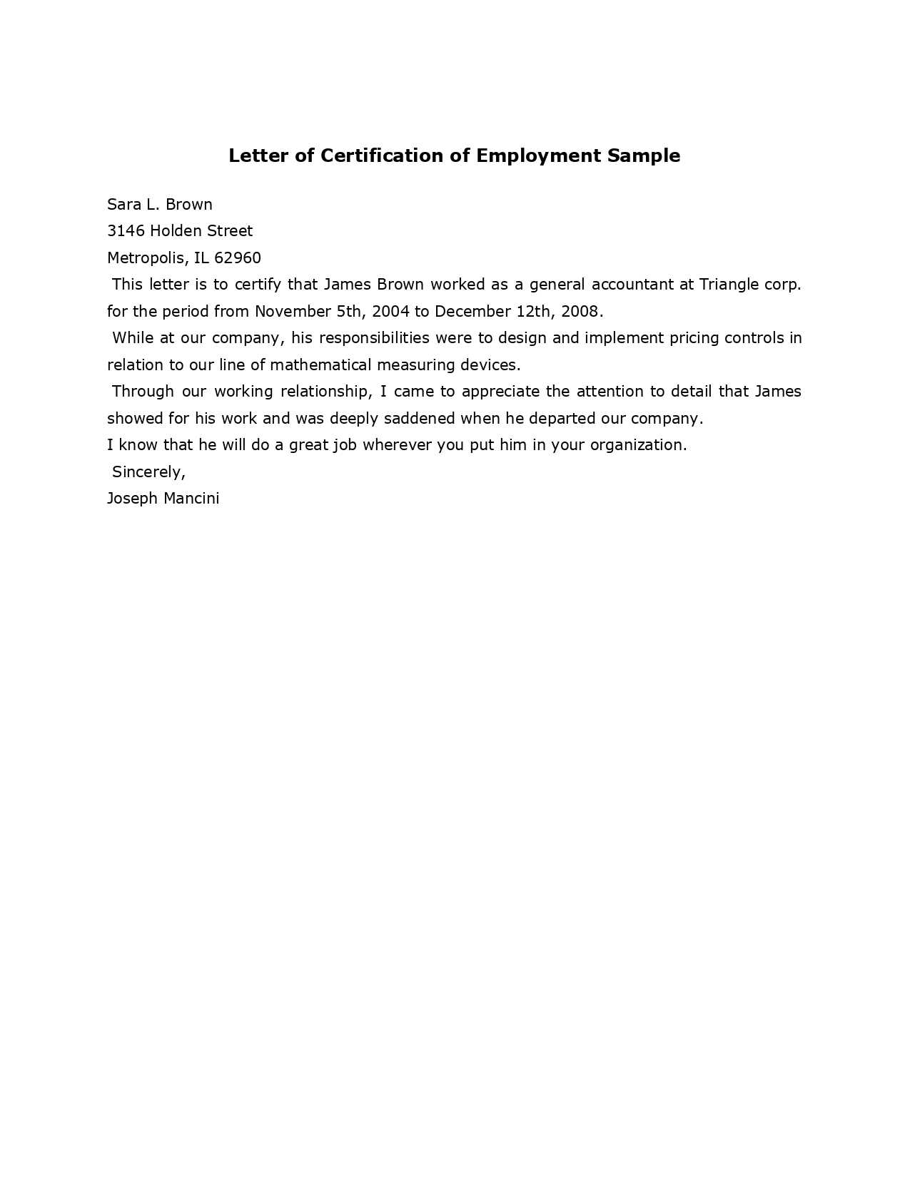 Sample Employment Certificate From Employer – Google Docs Intended For Sample Certificate Employment Template