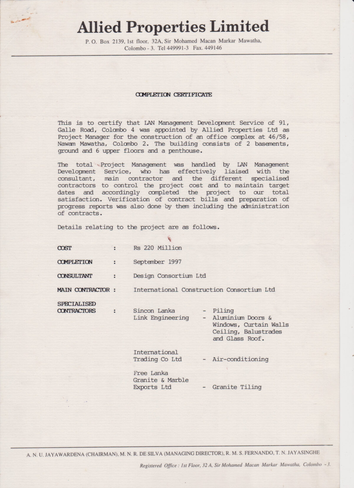 Sample Of Certificate Of Completion Of Construction Project for ...