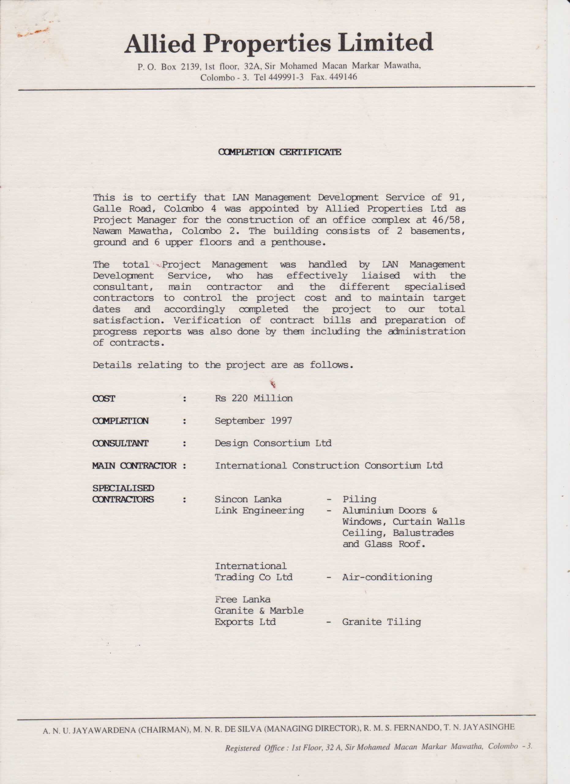 Sample Of Certificate Of Completion Of Construction Project Inside Construction Certificate Of Completion Template
